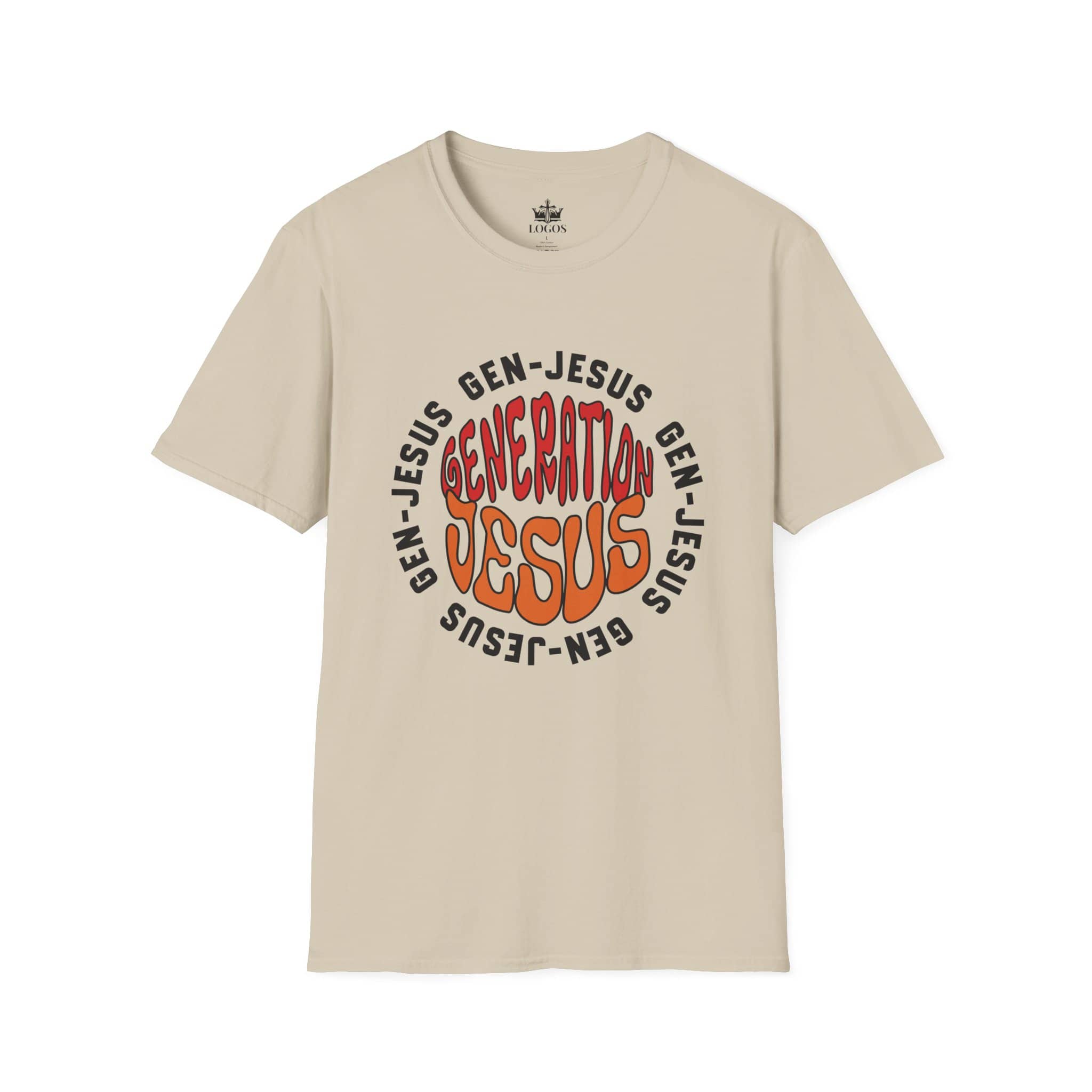 T-Shirt with 'Generation Jesus' graphic in retro style on a beige color, front view