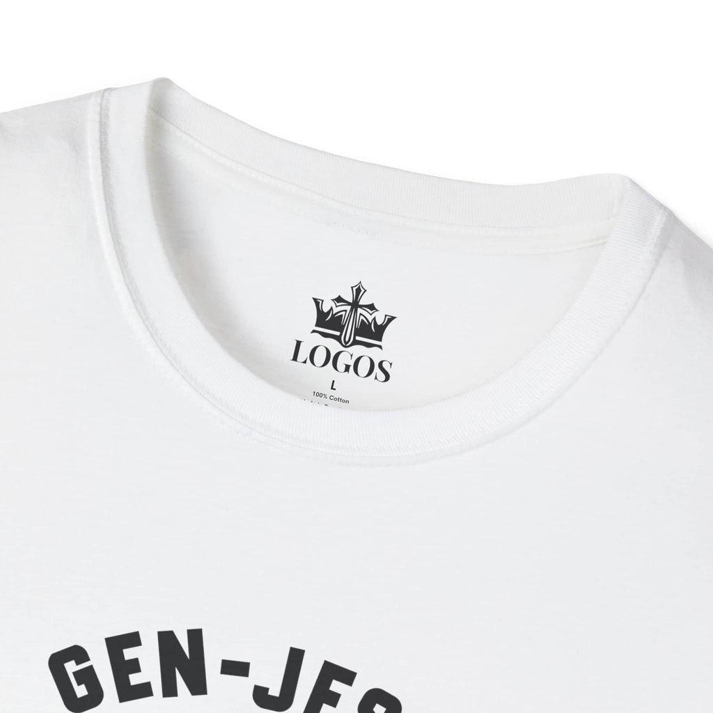 Front view of Gen-Jesus Retro 'Generation Jesus' T-Shirt in white with bold black lettering