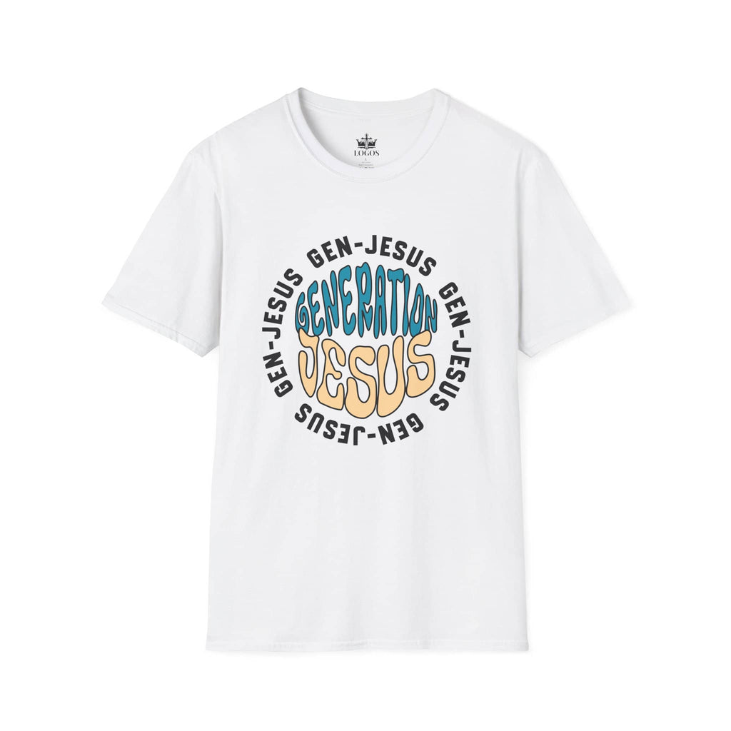 White Gen-Jesus Retro 'Generation Jesus' T-Shirt with colorful text design, front view