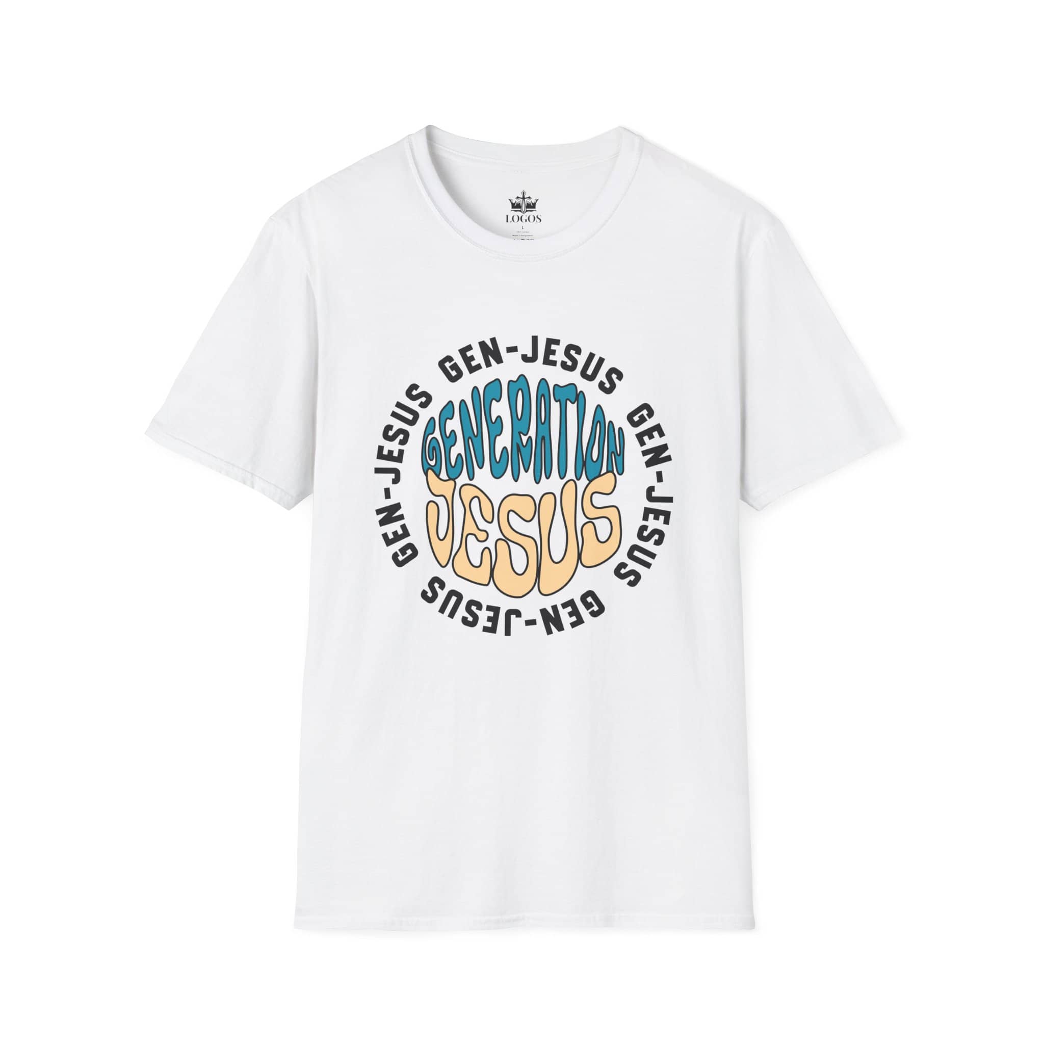 White Gen-Jesus Retro 'Generation Jesus' T-Shirt with colorful text design, front view