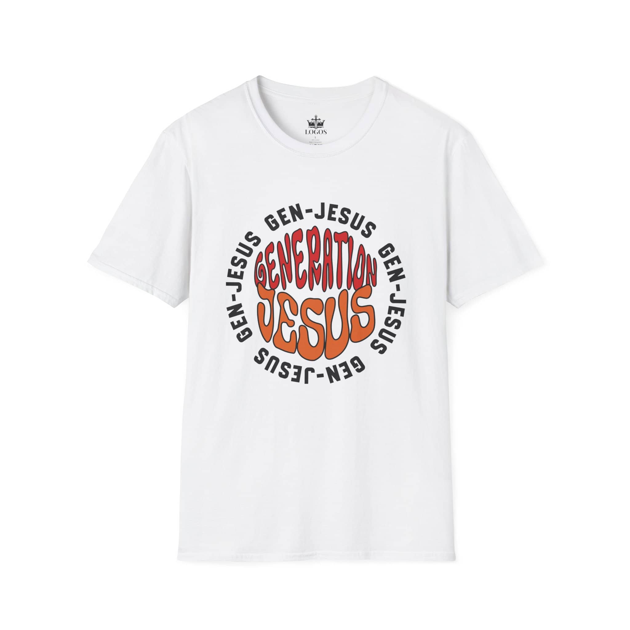Front view of Gen-Jesus Retro 'Generation Jesus' T-Shirt in white cotton with bold graphic design