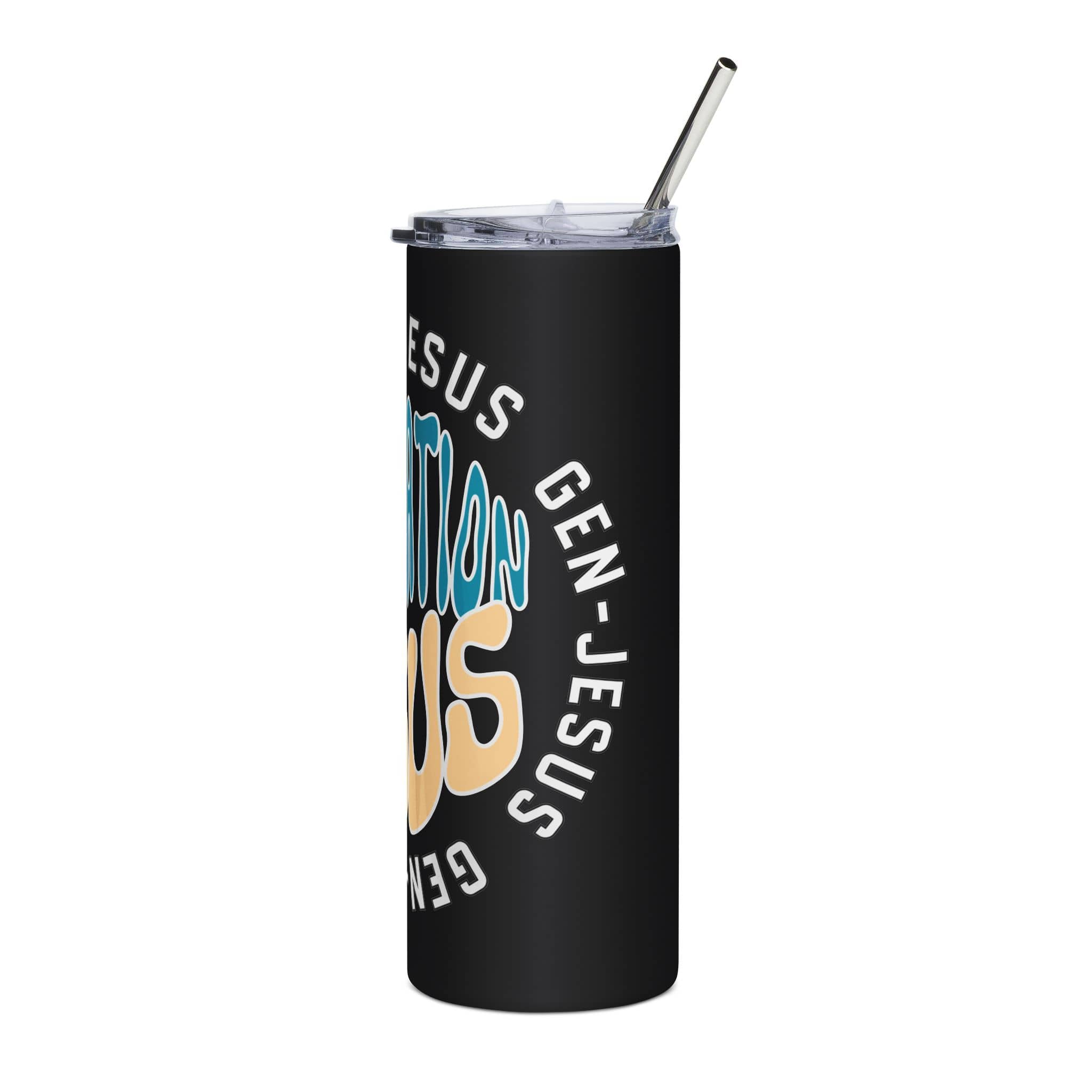 Gen Jesus Retro Tumbler in Black with Unique Design and Straw from the Side View