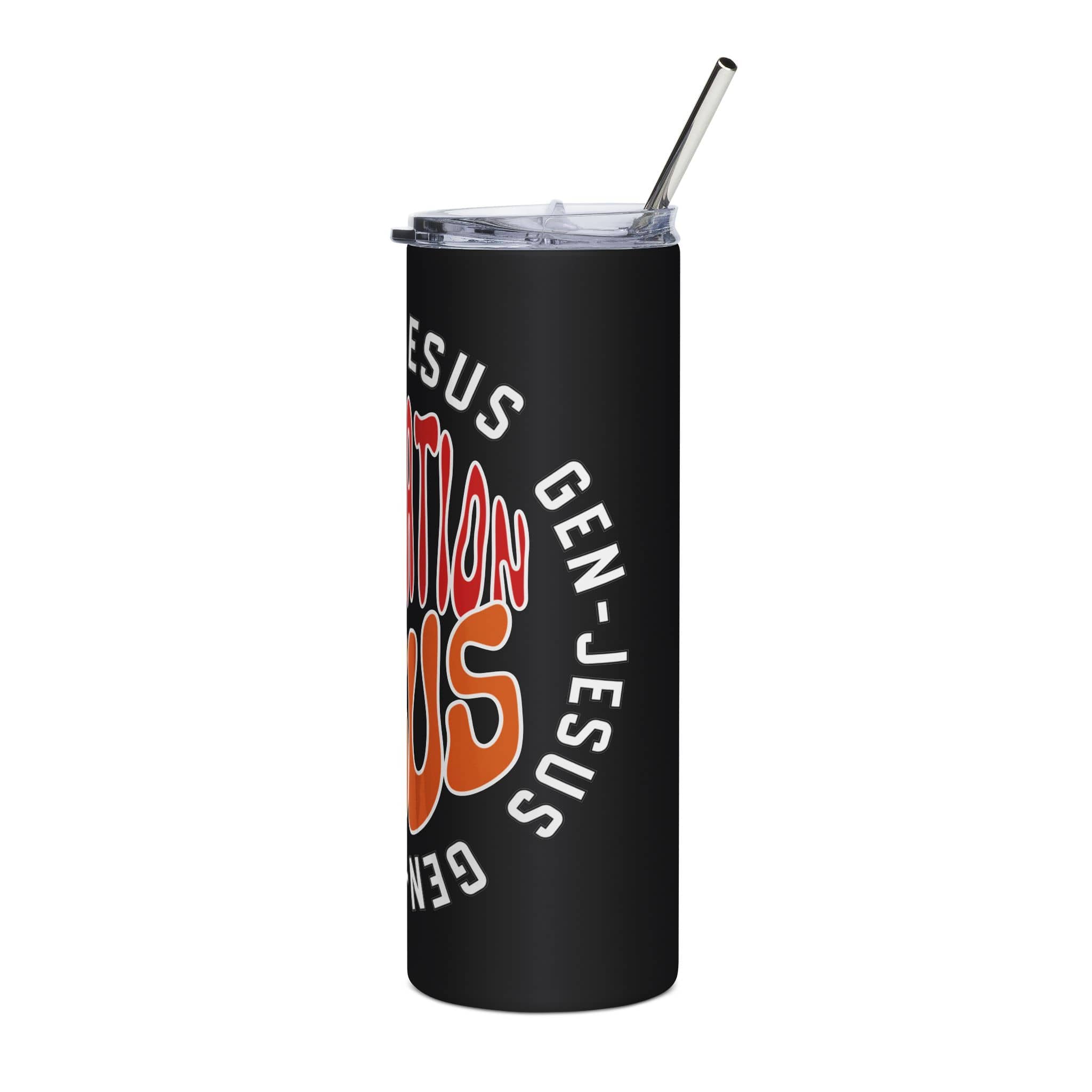 Gen Jesus Retro Tumbler in black with colorful text design featuring 'Gen Jesus' phrase on front view