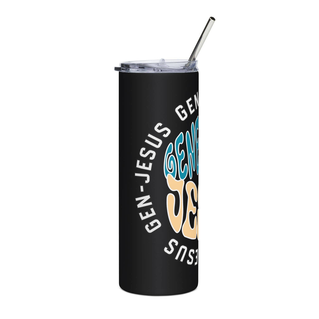 Gen Jesus Retro Tumbler with colorful text design in black stainless steel, side view