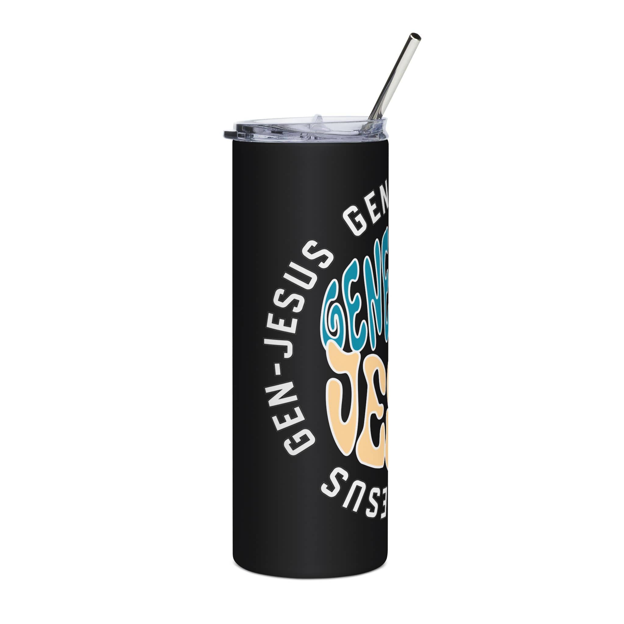 Gen Jesus Retro Tumbler with colorful text design in black stainless steel, side view