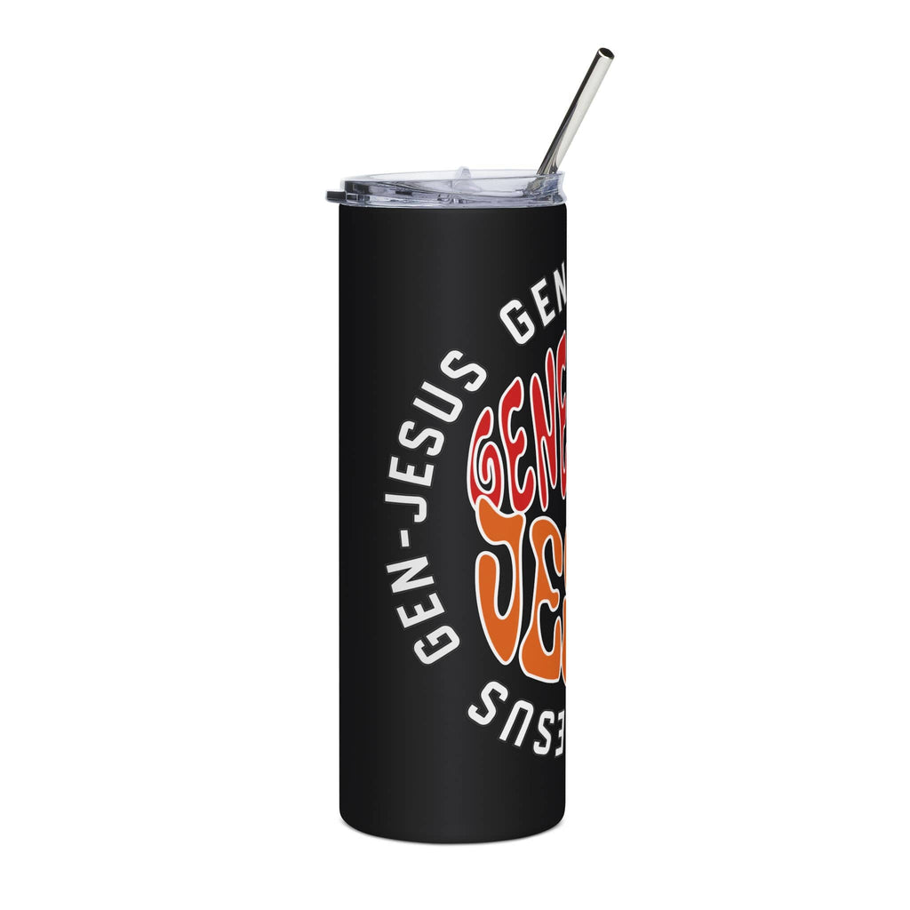 Gen Jesus Retro Tumbler with vibrant design in black and straw showing front view