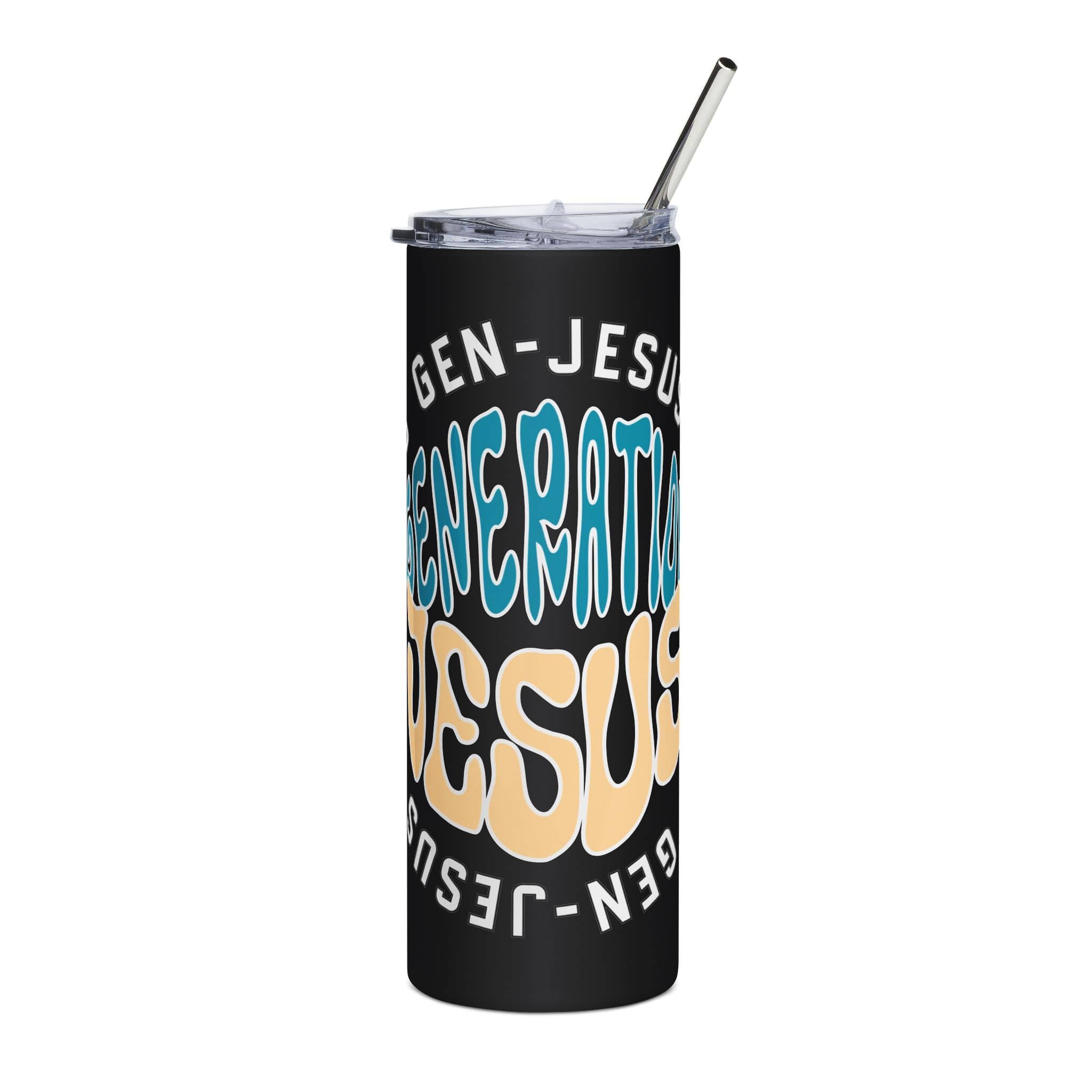 Gen Jesus Retro Tumbler with colorful graphics on a black background, showing front view