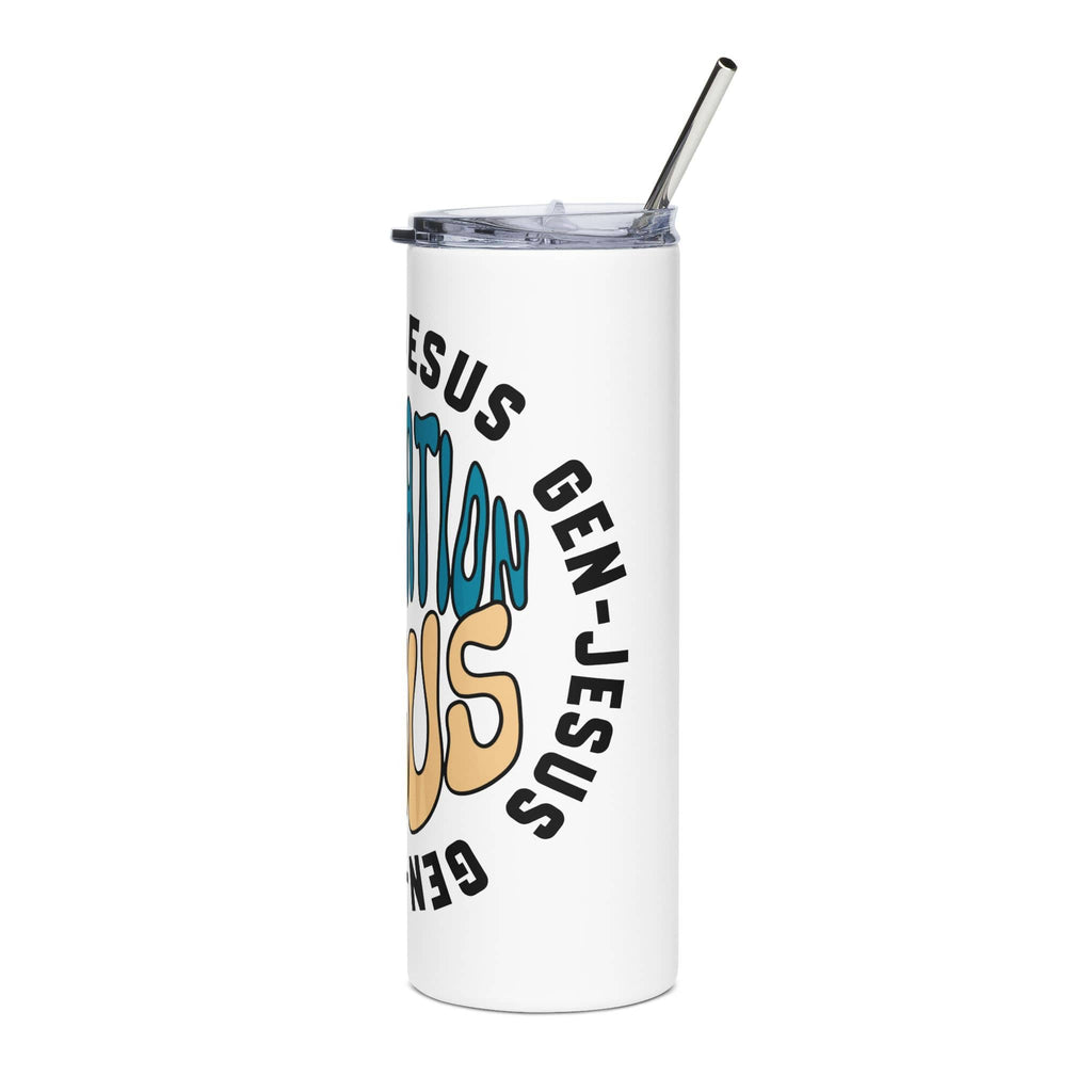 Gen Jesus Retro Tumbler in white with colorful graphic design and stainless steel straw, side view