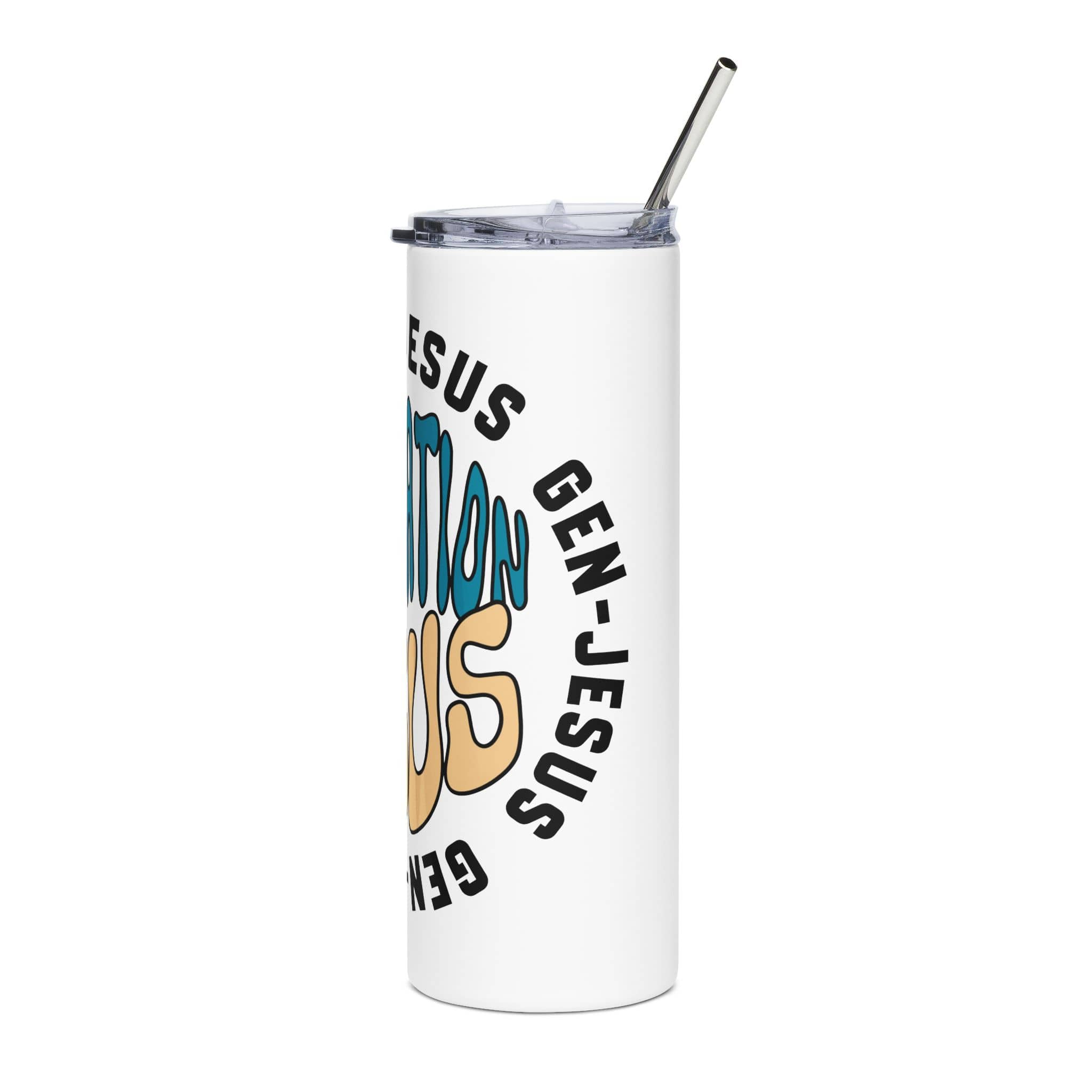 Gen Jesus Retro Tumbler in white with colorful graphic design and stainless steel straw, side view