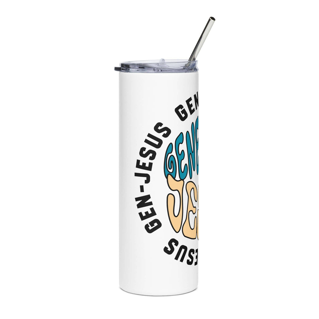 Gen Jesus Retro Tumbler with colorful design, white stainless steel, and straw view from the front