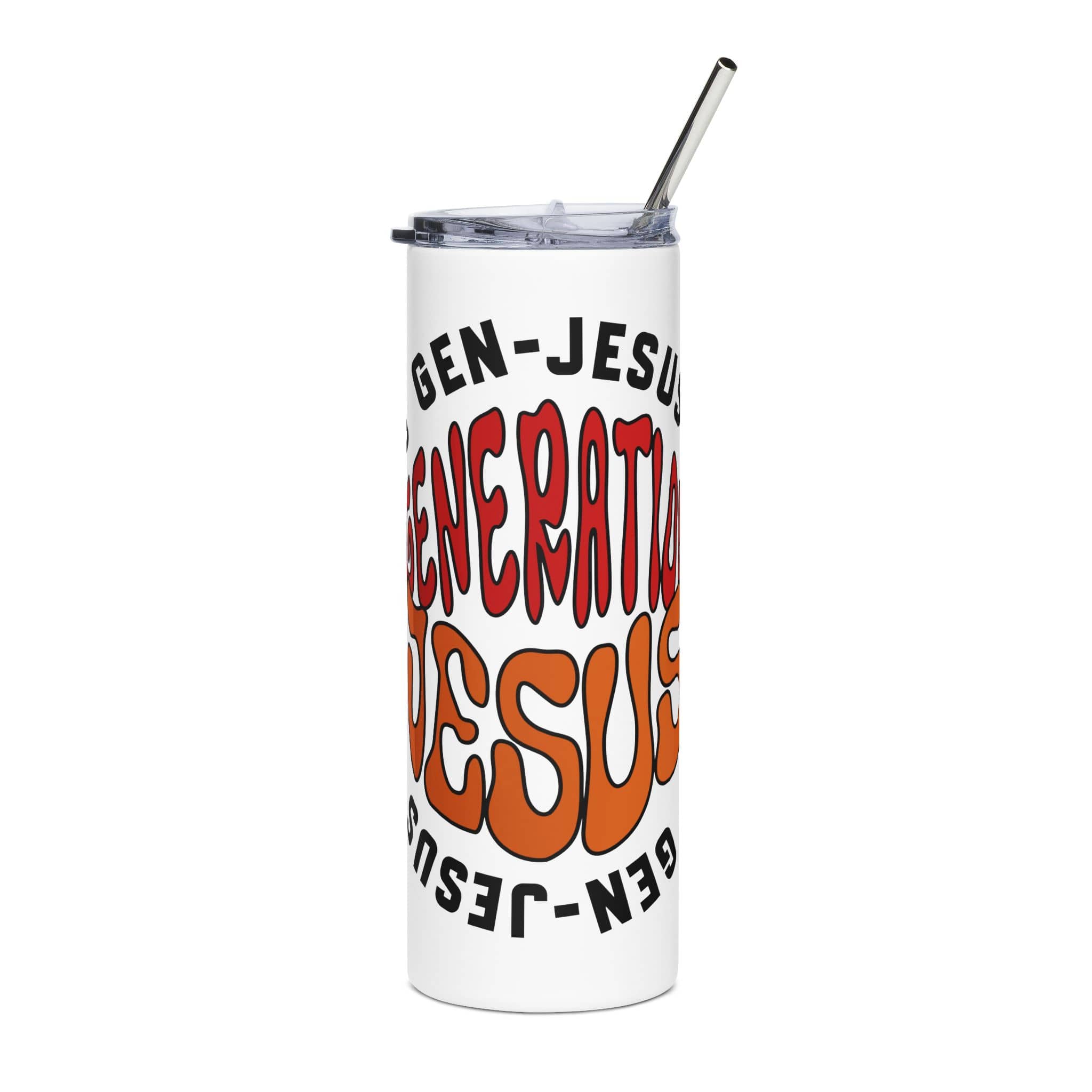 Gen Jesus Retro Tumbler with colorful text design and stainless steel straw, front view