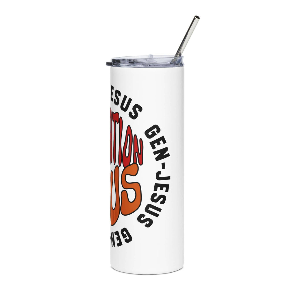 Gen Jesus Retro Tumbler in white with colorful text design, front view