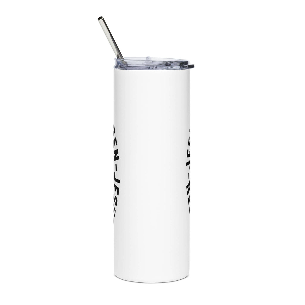Gen Jesus Retro Tumbler in White with Black Text and Straw View from the Side