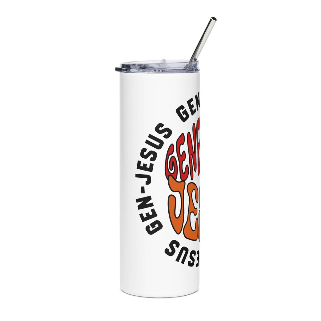 Gen Jesus Retro Tumbler in white with colorful text design, featuring a front view and silver straw