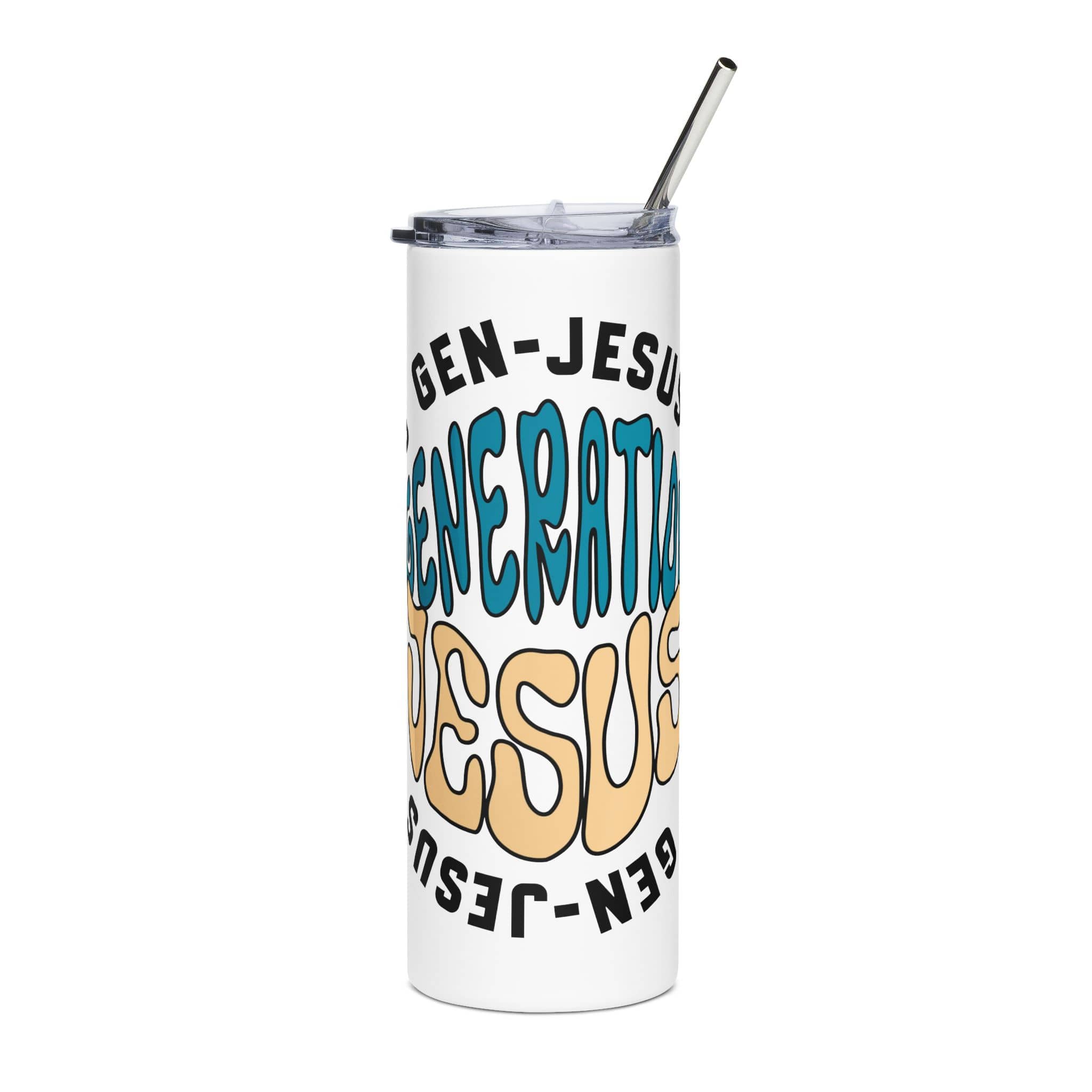 Gen Jesus Retro Tumbler featuring colorful design in white with a clear lid and straw view from the front