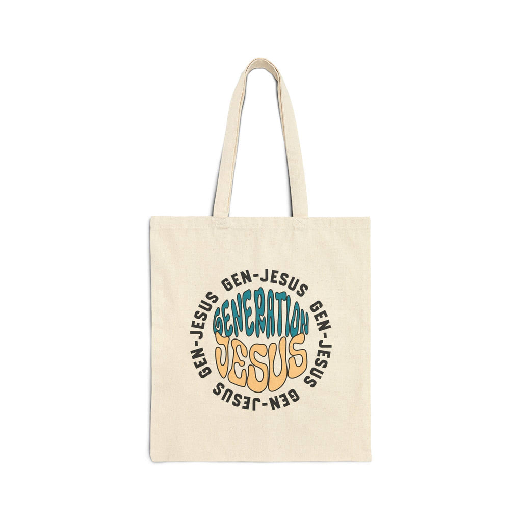 Canvas tote bag featuring 'Generation Jesus' design in vibrant colors, front view