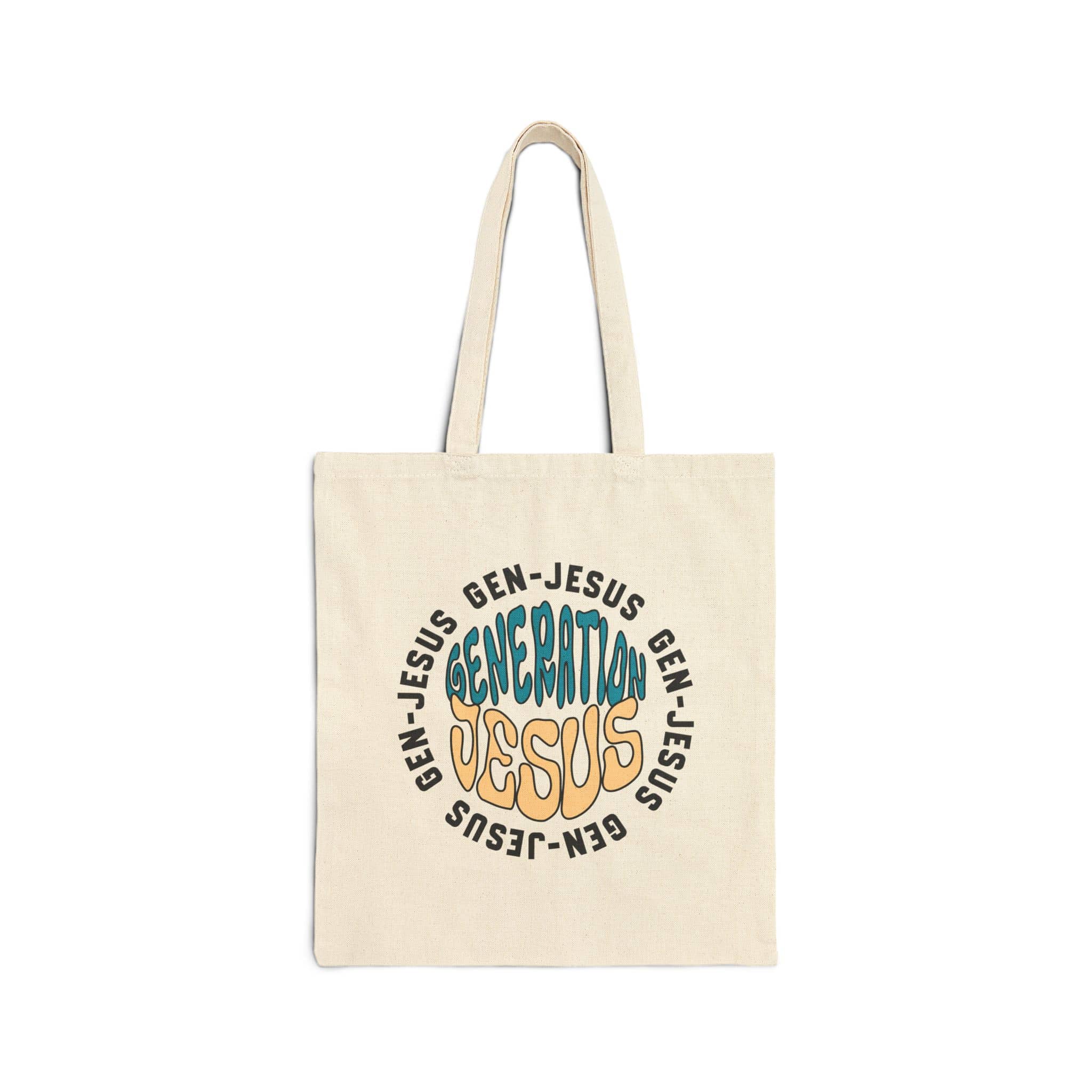 Canvas tote bag featuring 'Generation Jesus' design in vibrant colors, front view