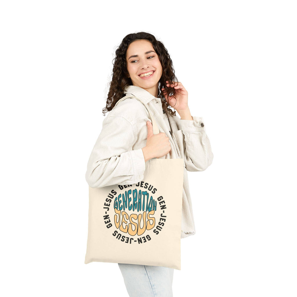 Canvas tote bag featuring 'Generation Jesus' design in colorful text, shown from the front.