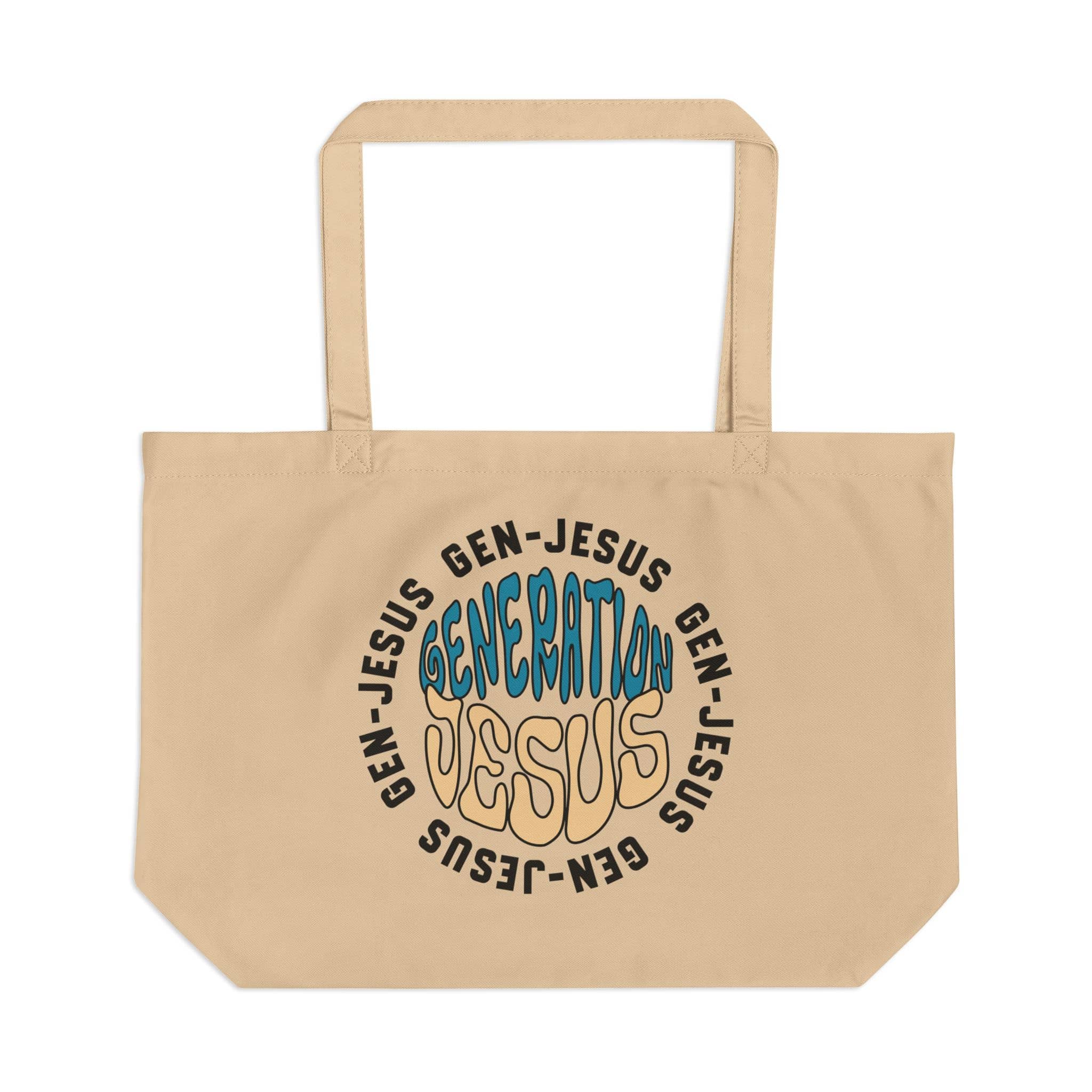 Canvas tote bag featuring 'Generation Jesus' in multicolored text on a beige background, front view