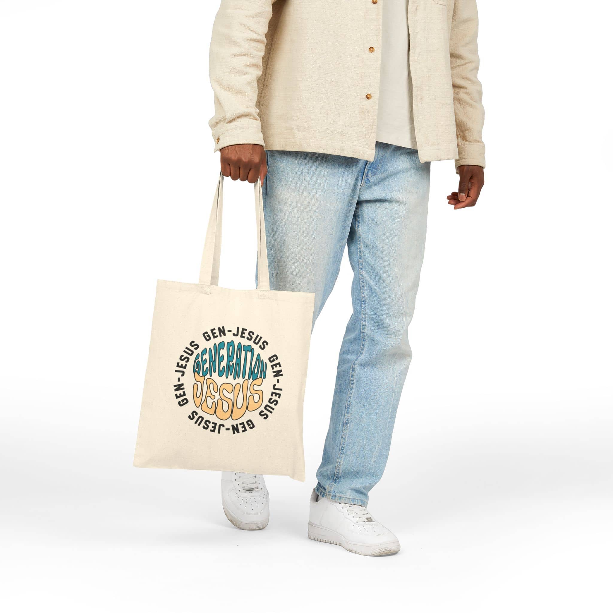 Generation Jesus Canvas Tote Bag with colorful design, featuring a front view in natural color