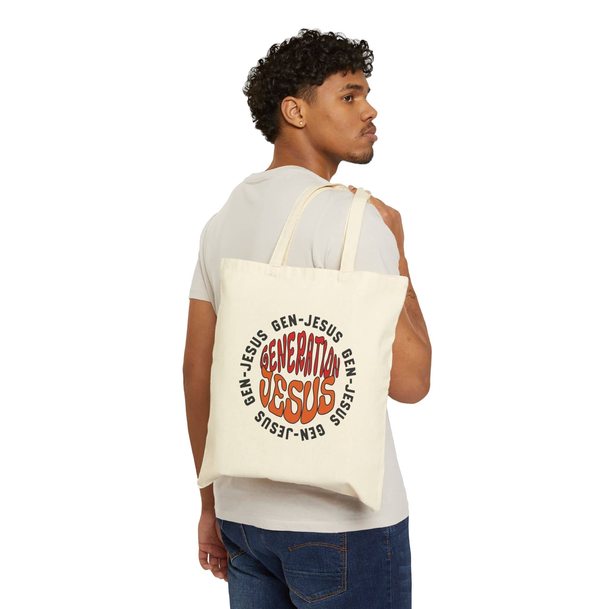 Canvas tote bag featuring the phrase Generation Jesus in vibrant colors, shown from the back on a model