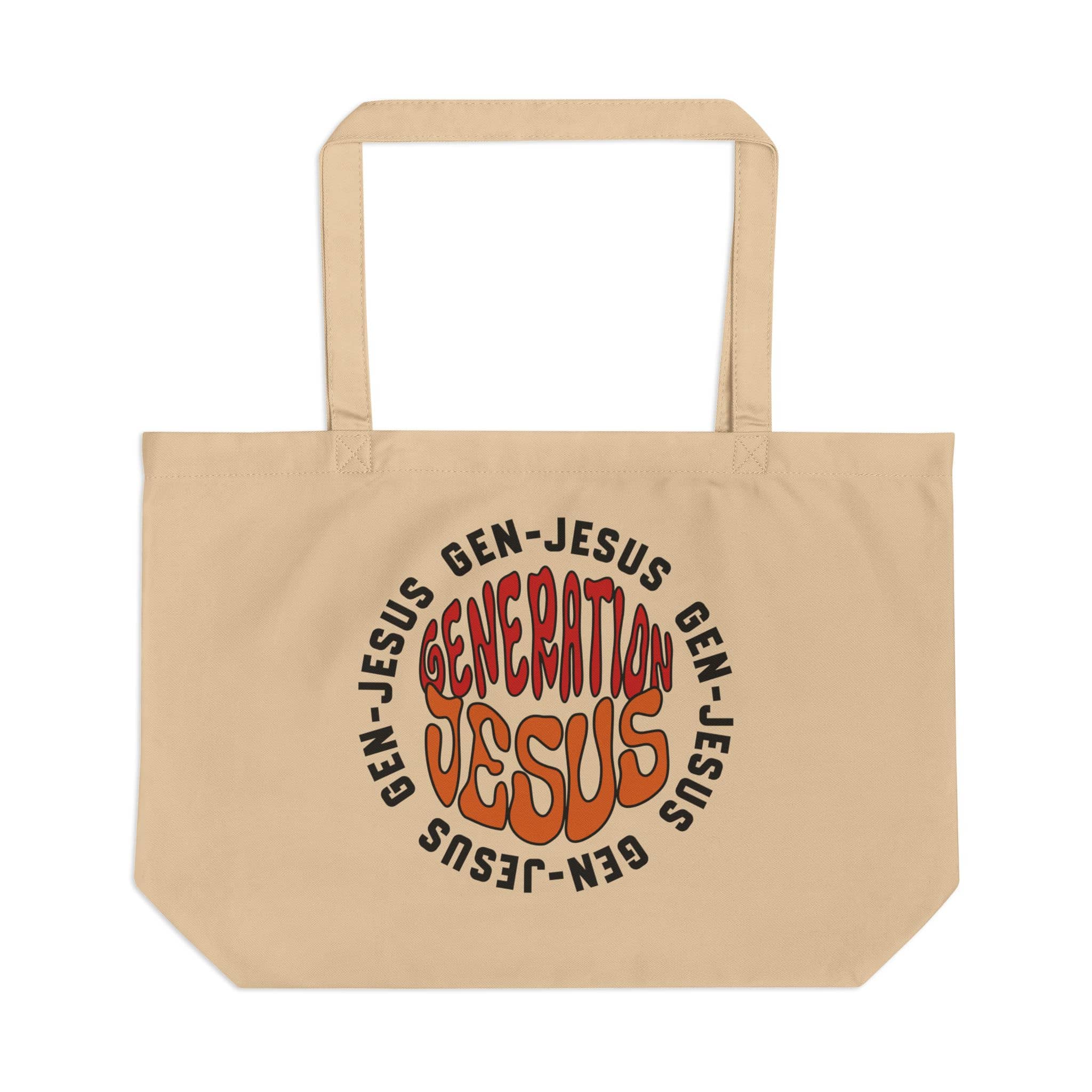 Generation Jesus Canvas Tote Bag with bold lettering in orange on a beige background, front view.