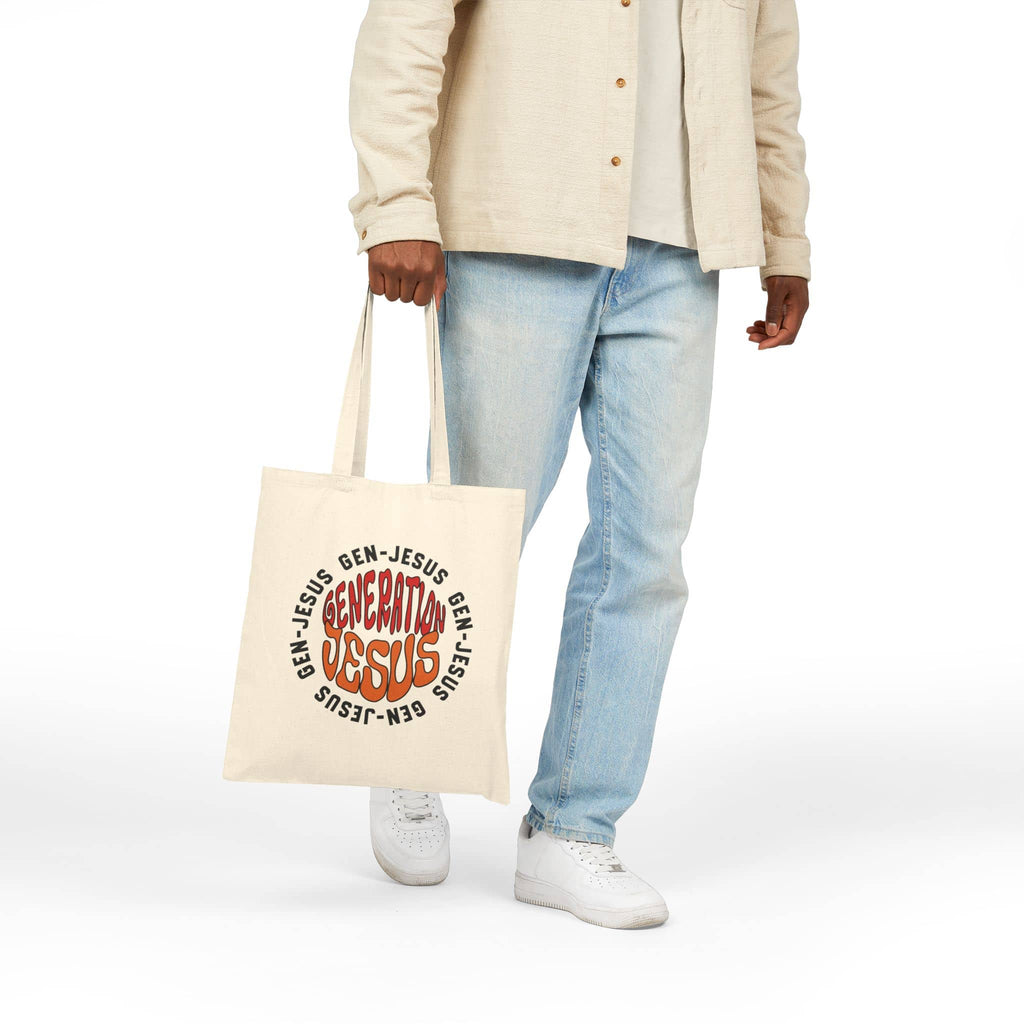 Canvas tote bag featuring the phrase Generation Jesus in bold colors, shown from the front