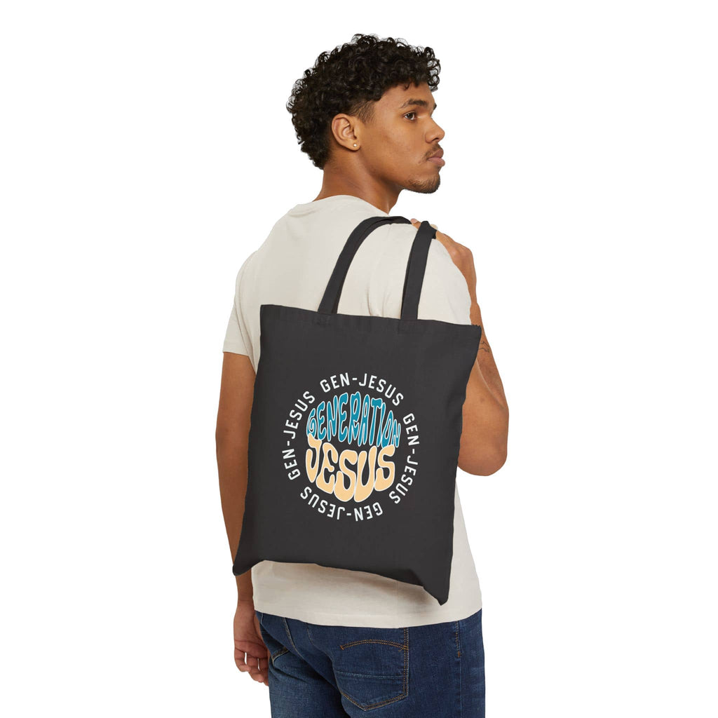 Generation Jesus Canvas Tote Bag with bold lettering in a stylish view from the back, perfect for daily use