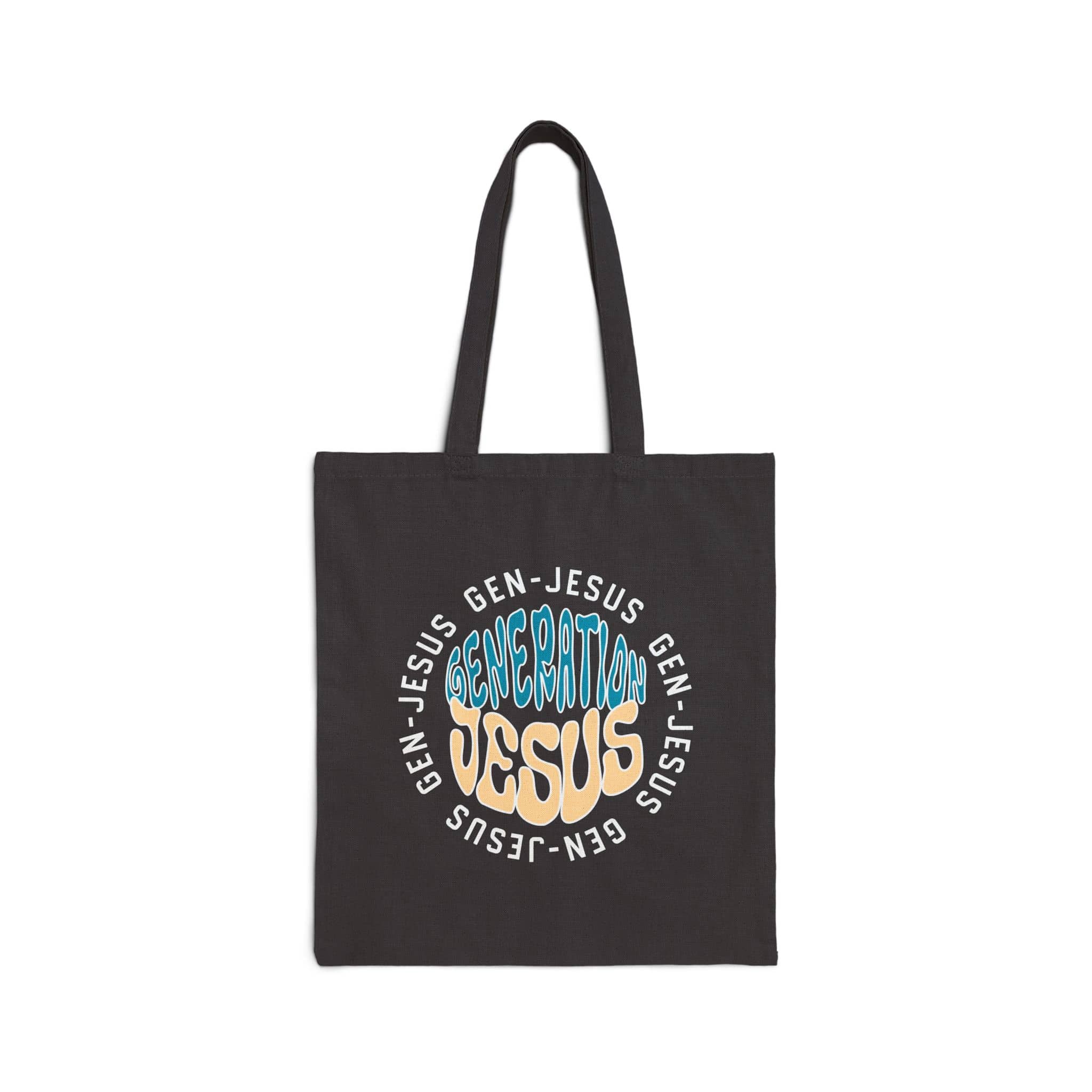 Canvas tote bag with 'Generation Jesus' graphic in pastel colors on a black background, front view