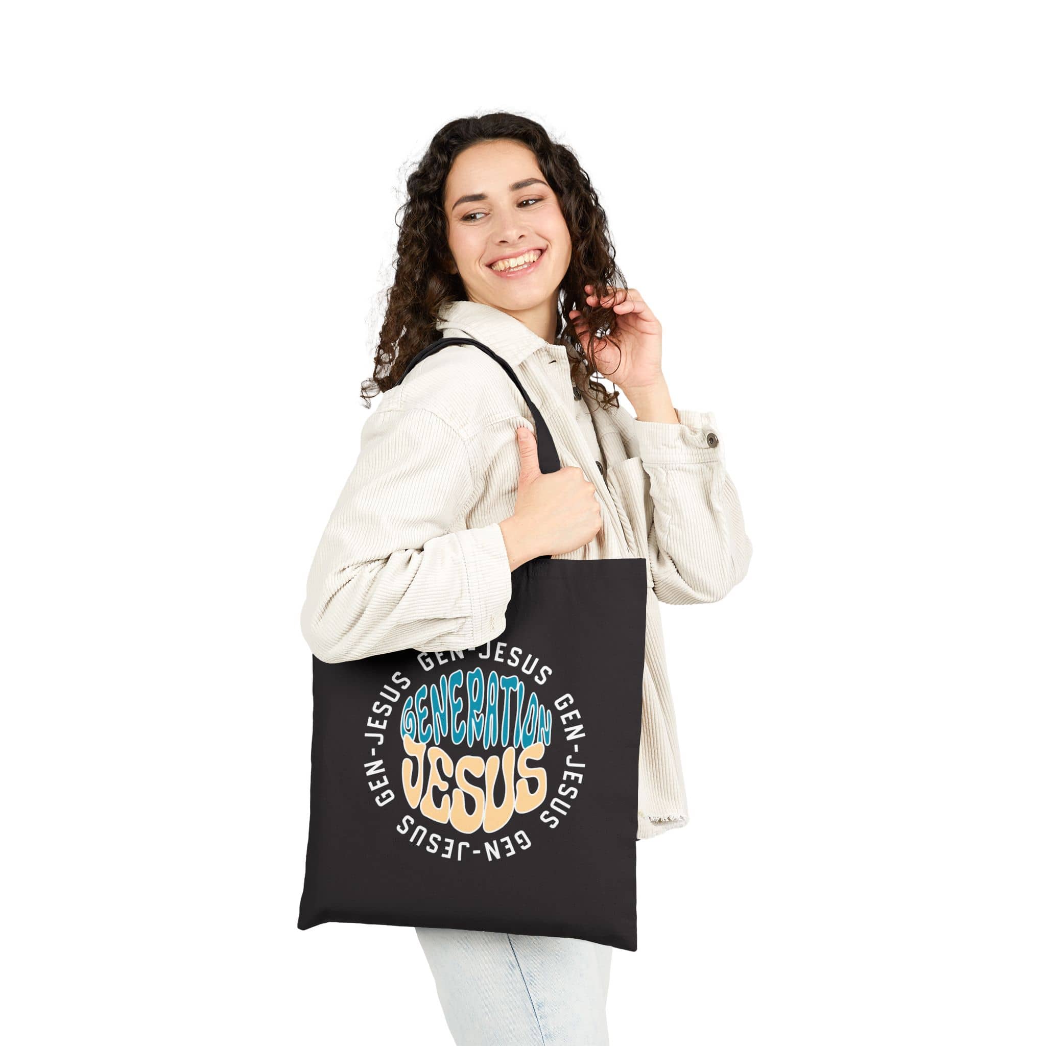 Generation Jesus Canvas Tote Bag in Black featuring vibrant scripture design on the front