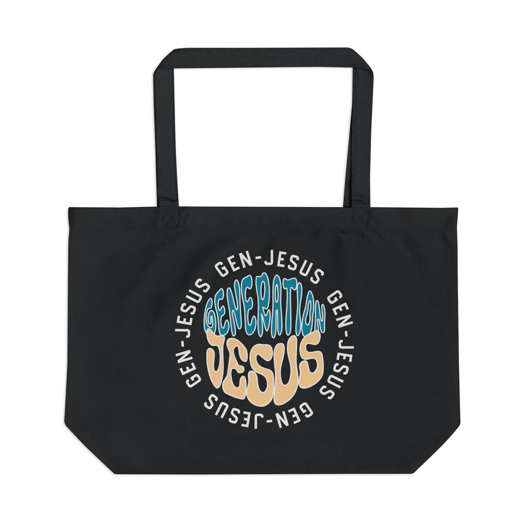 Canvas tote bag displaying 'Generation Jesus' in colorful text on a black background, front view