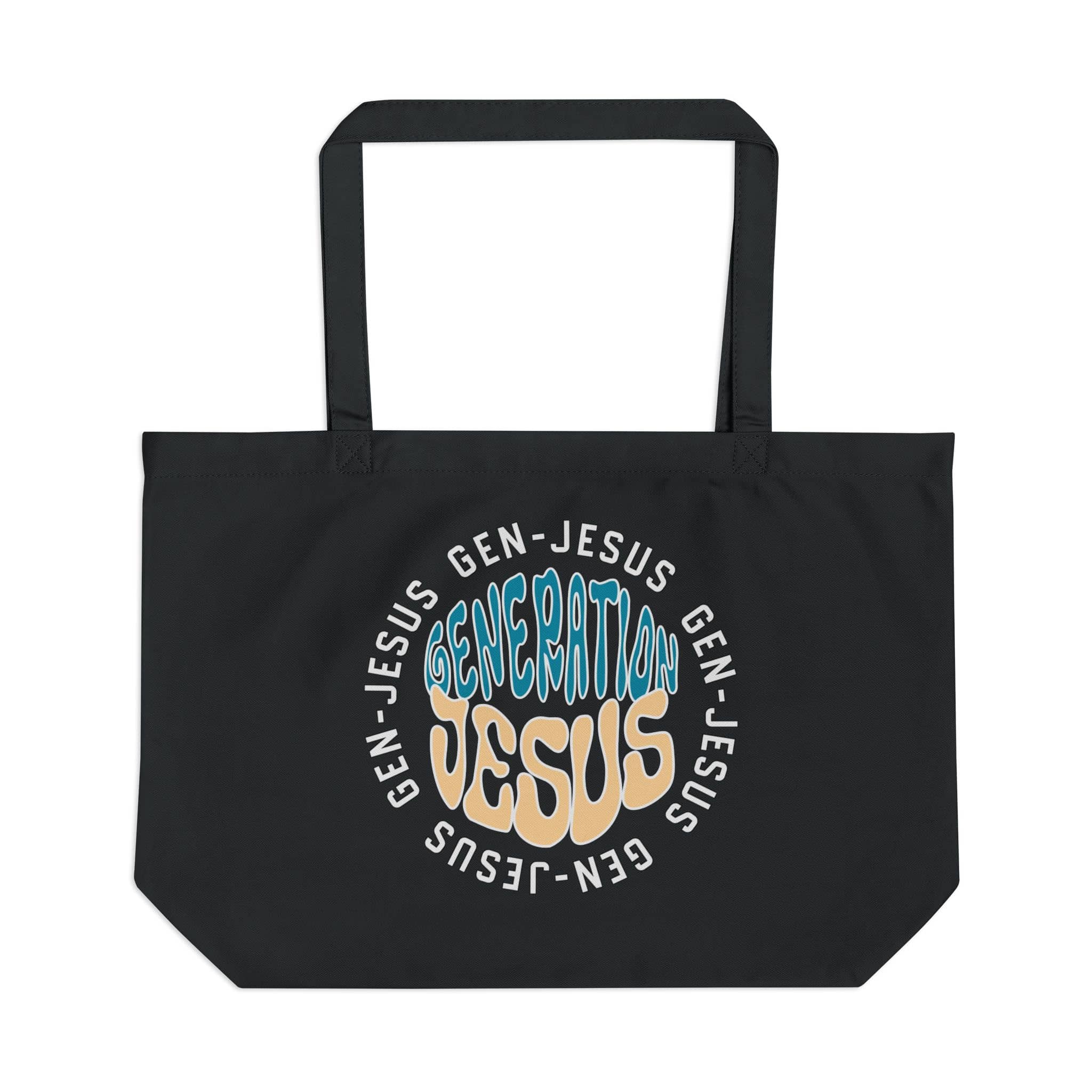 Canvas tote bag displaying 'Generation Jesus' in colorful text on a black background, front view