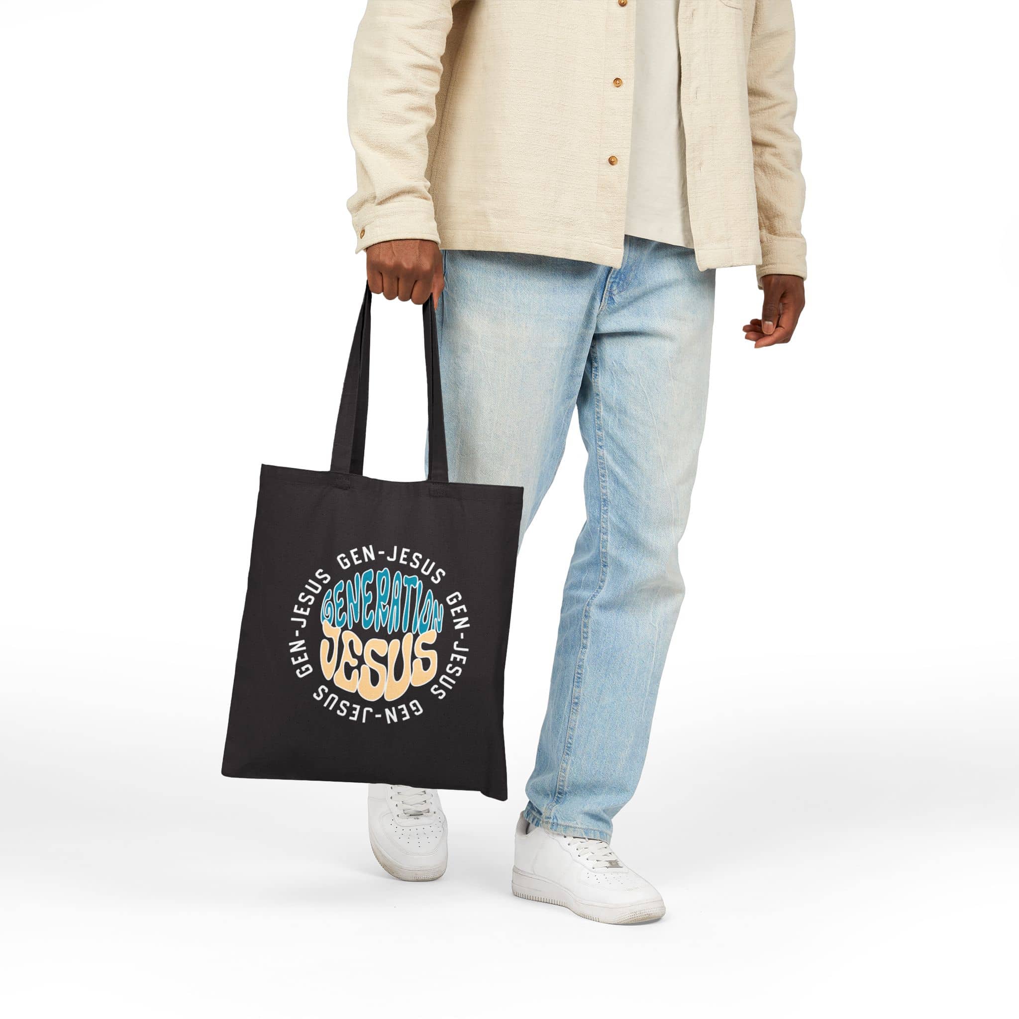 Canvas tote bag with 'Generation Jesus' graphic in multicolored text, front view, in black color.