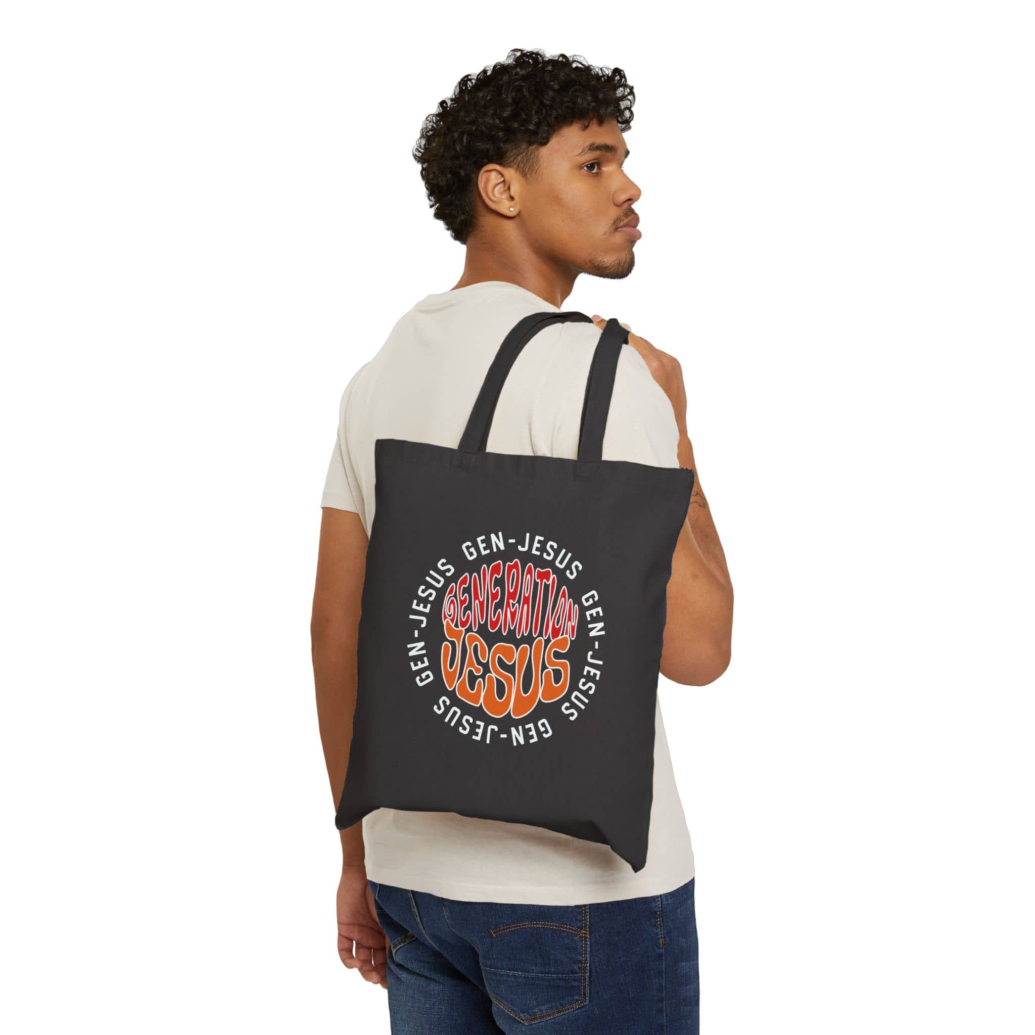 Generation Jesus Canvas Tote Bag with colorful text design in black, shown from the back view