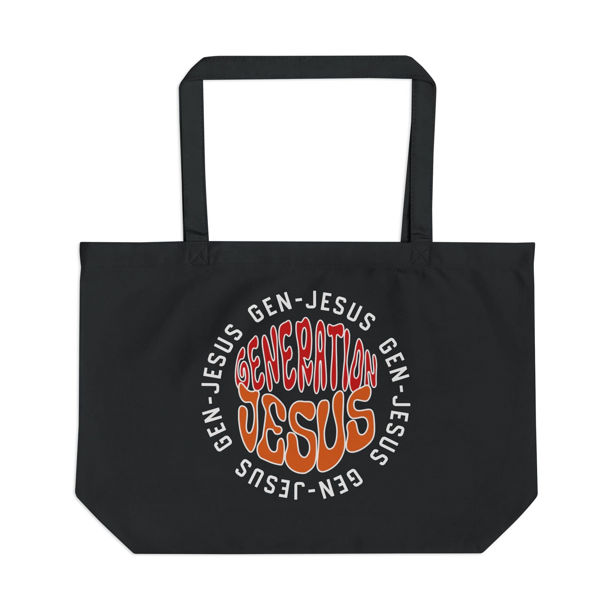 Generation Jesus Canvas Tote Bag in black with colorful circular logo design on the front