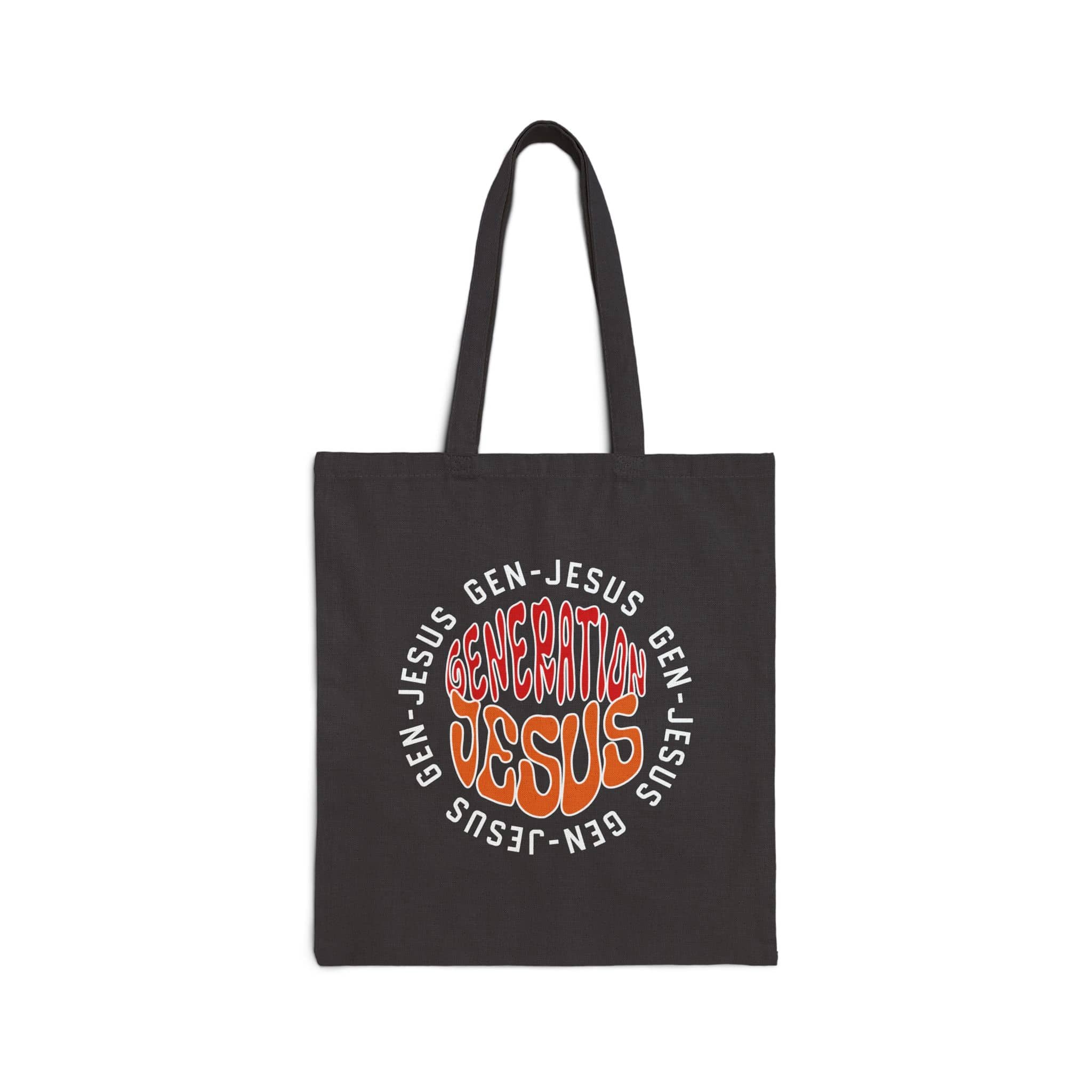 Generation Jesus Canvas Tote Bag in black with colorful scripture design on the front