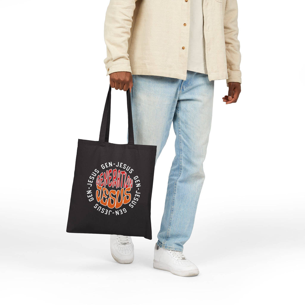 Generation Jesus Canvas Tote Bag in Black displaying colorful text on the front, perfect for everyday use.