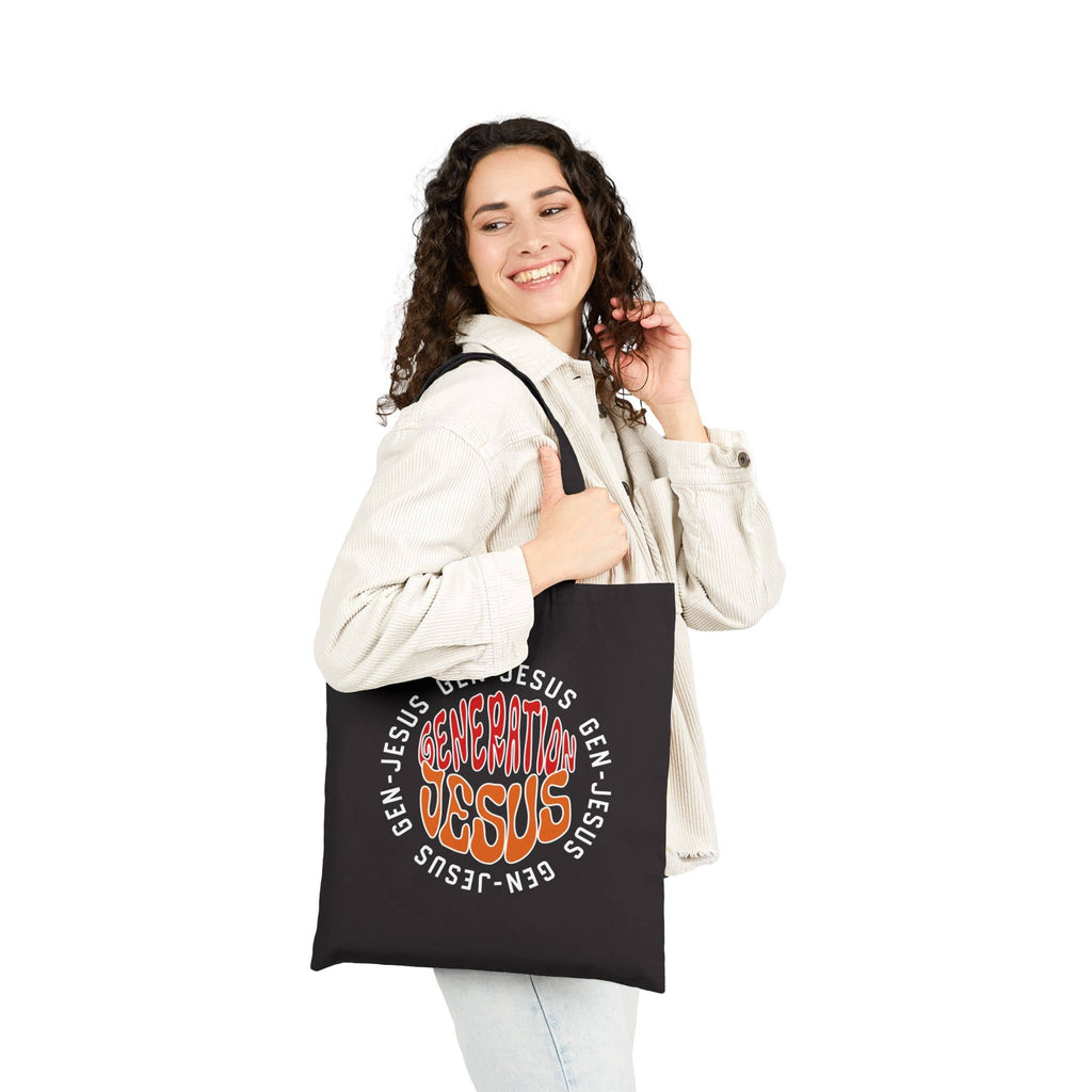 Canvas tote bag featuring Generation Jesus graphic in vivid colors, shown from the front