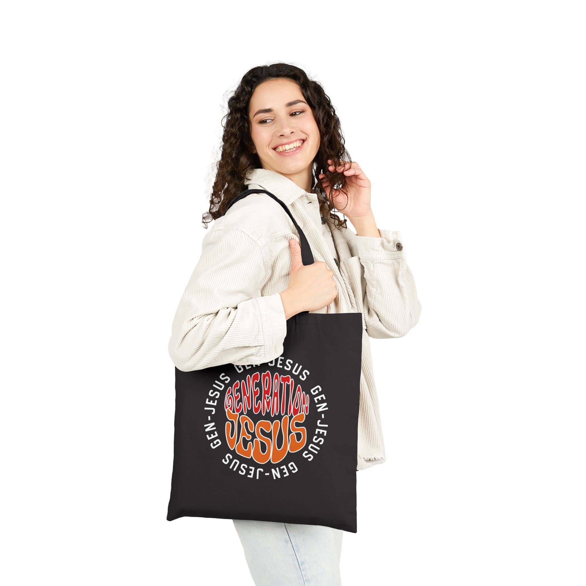 Canvas tote bag featuring Generation Jesus graphic in vivid colors, shown from the front
