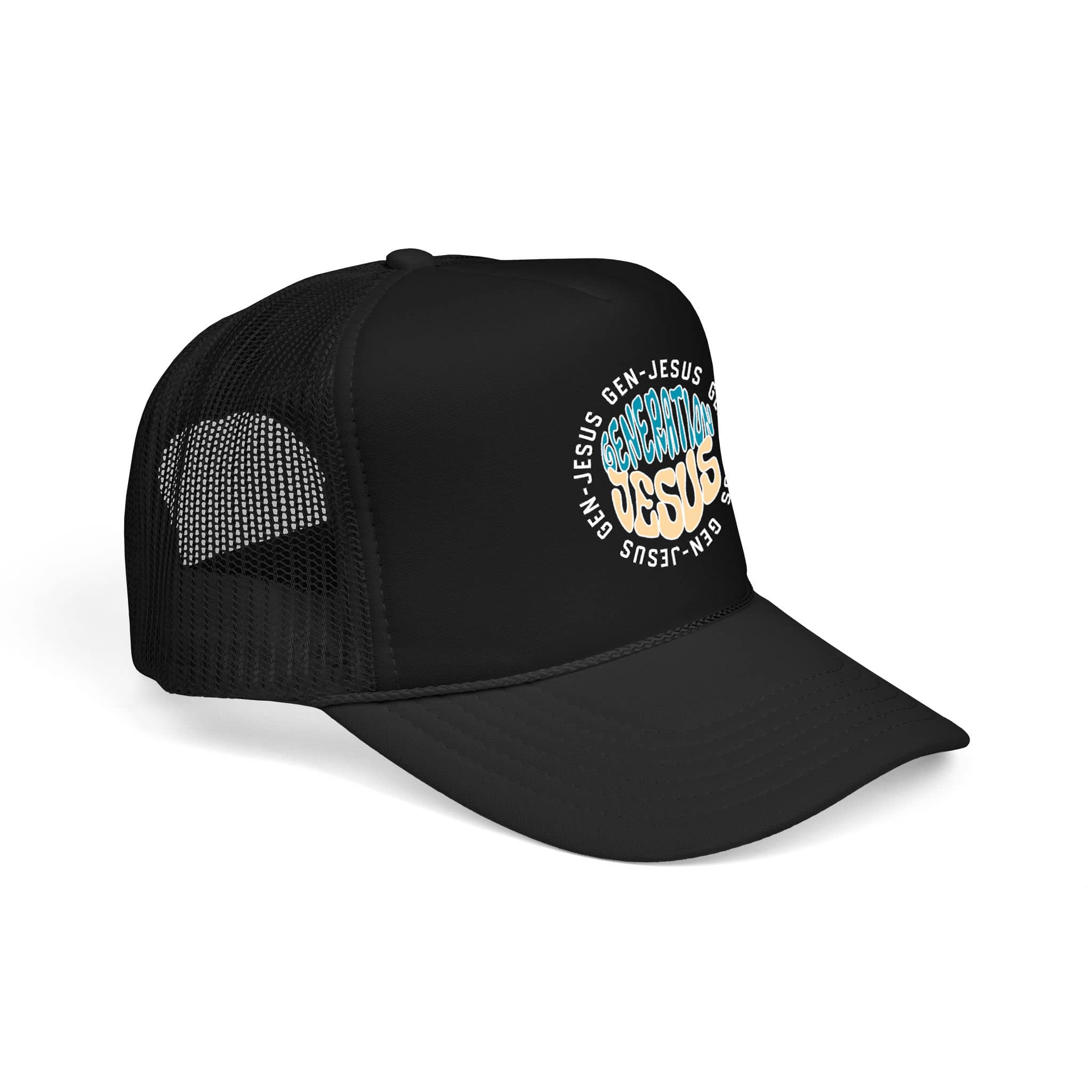 Generation Jesus Trucker Hat Blue & Tan with a circular scripture design, side view
