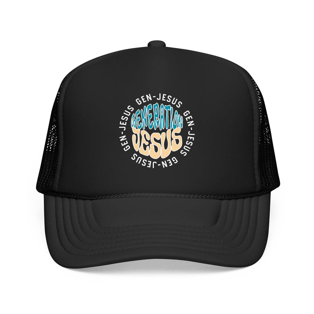 Generation Jesus Trucker Hat Blue & Tan with circular phrase design on black front view