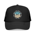 Generation Jesus Trucker Hat Blue & Tan with circular phrase design on black front view