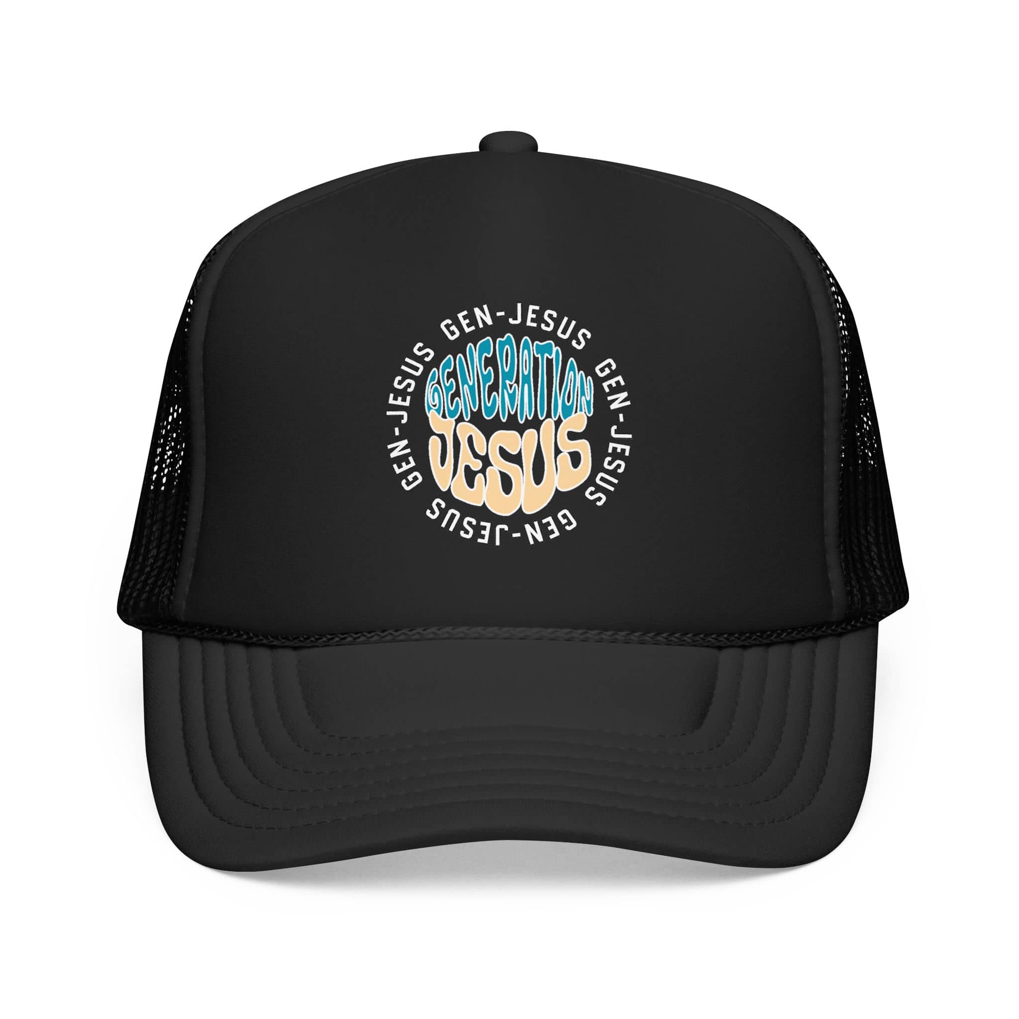 Generation Jesus Trucker Hat Blue & Tan with circular phrase design on black front view