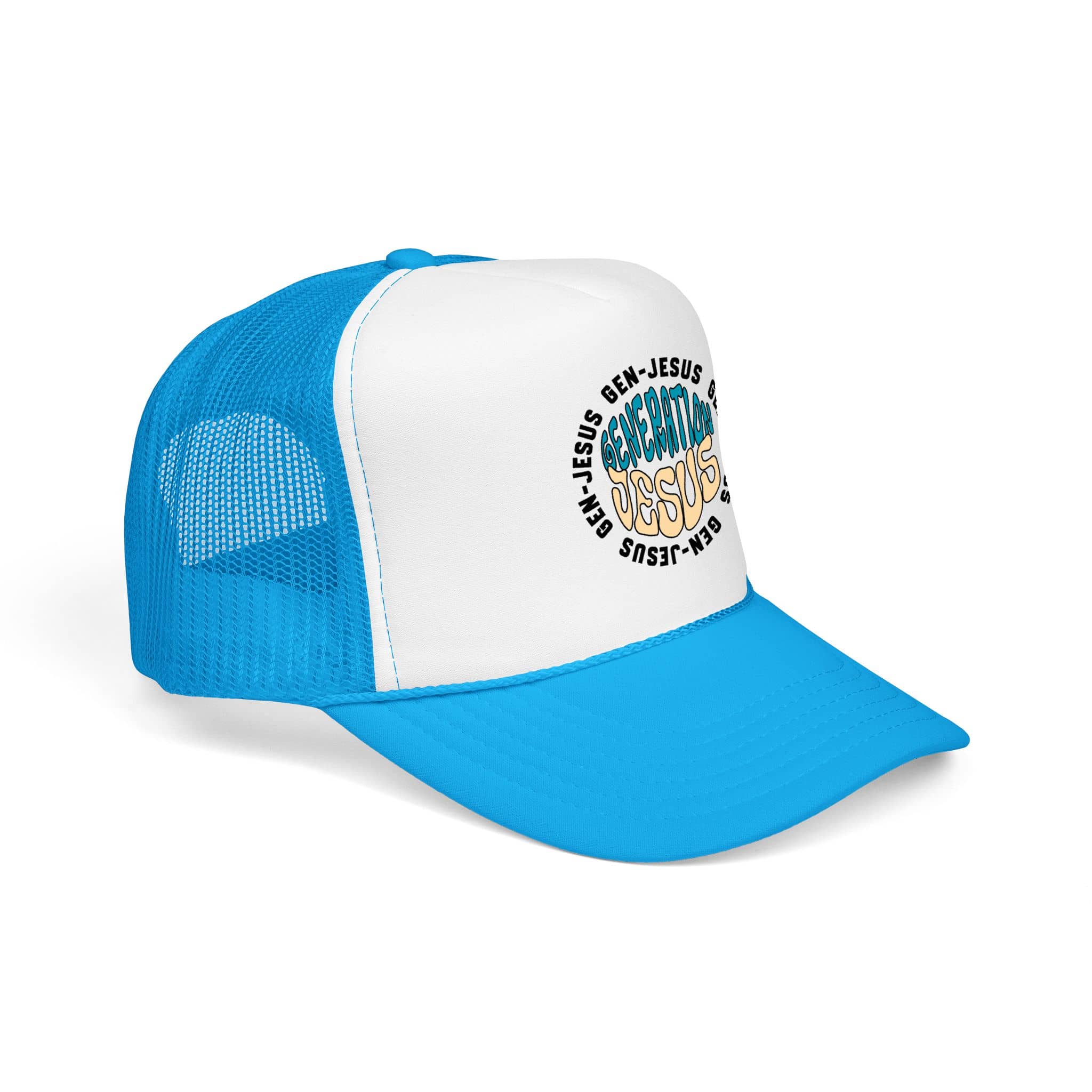 Trucker hat with 'Generation Jesus' phrase in blue and tan, front view