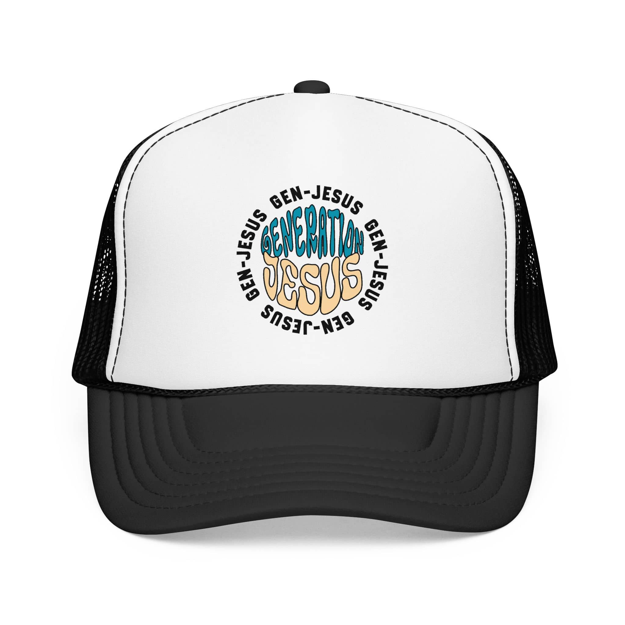 Generation Jesus Trucker Hat Blue & Tan with unique circular logo in front view