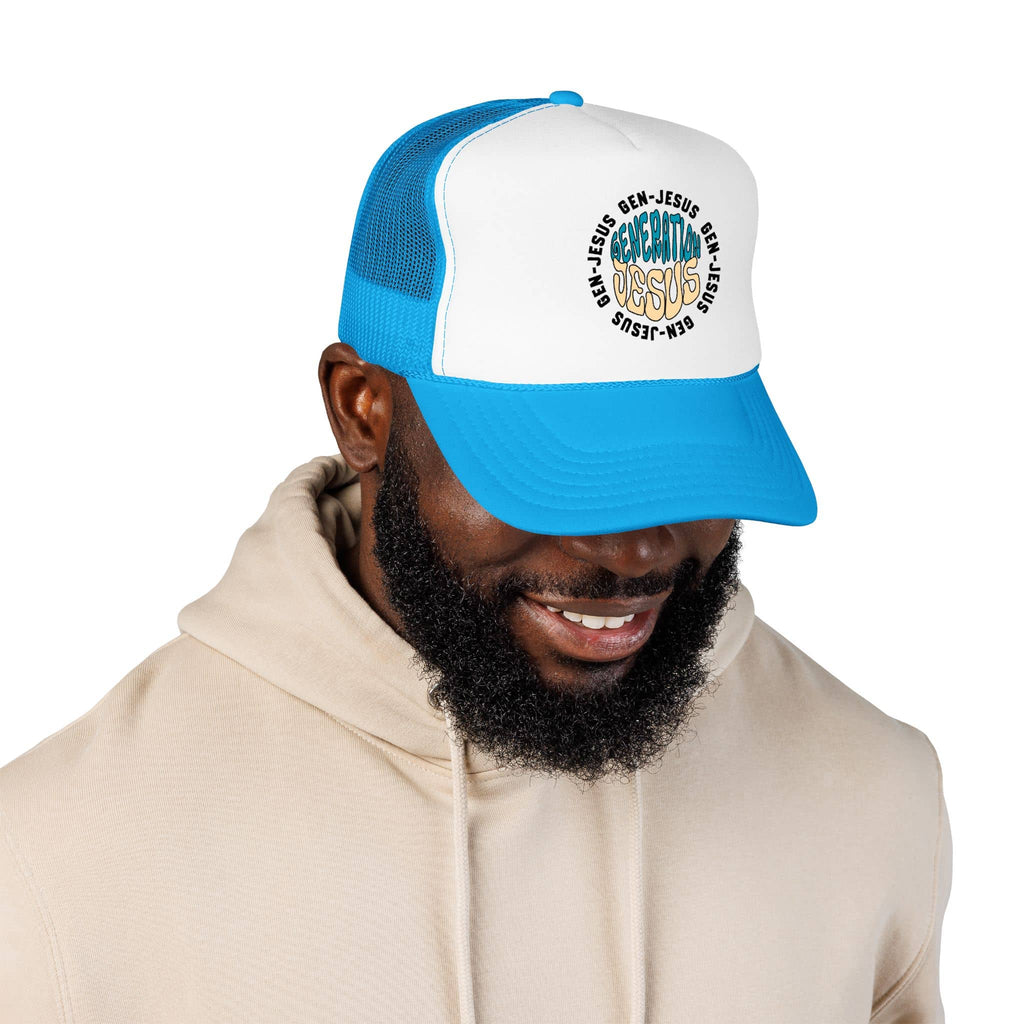 Generation Jesus Trucker Hat Blue & Tan with graphic design on the front, shown on a person wearing a hoodie