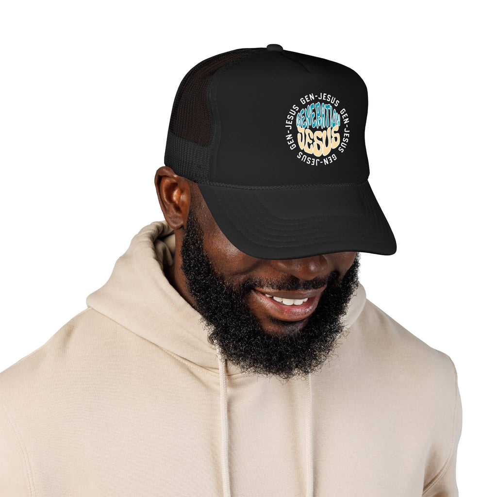 Trucker hat with 'Generation Jesus' scripture in blue and tan, front view, featuring a stylish design