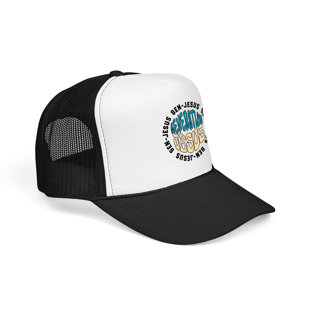 Trucker Hat featuring Generation Jesus design in blue and tan with a front view