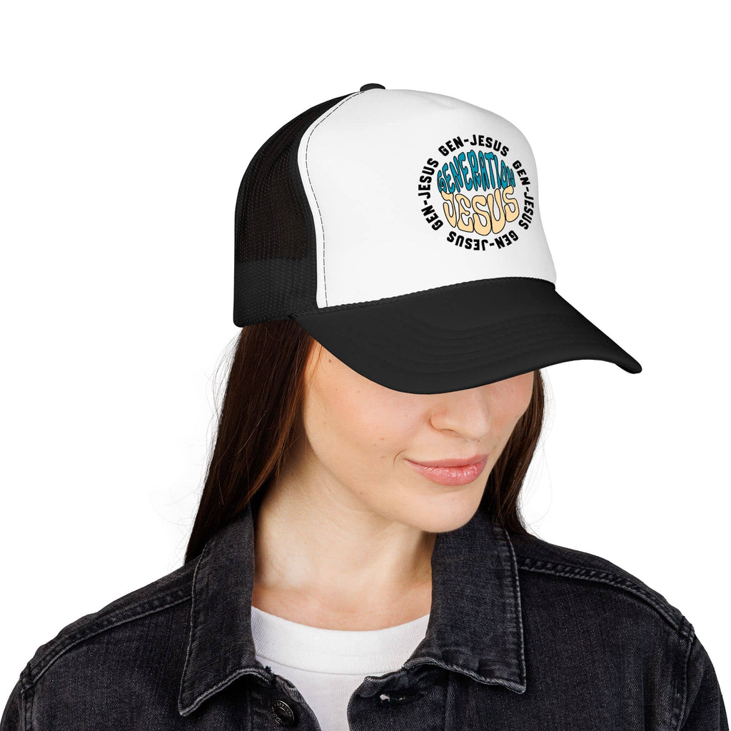 Trucker hat with 'Generation Jesus' phrase in blue and tan colors, shown from the front on a model.