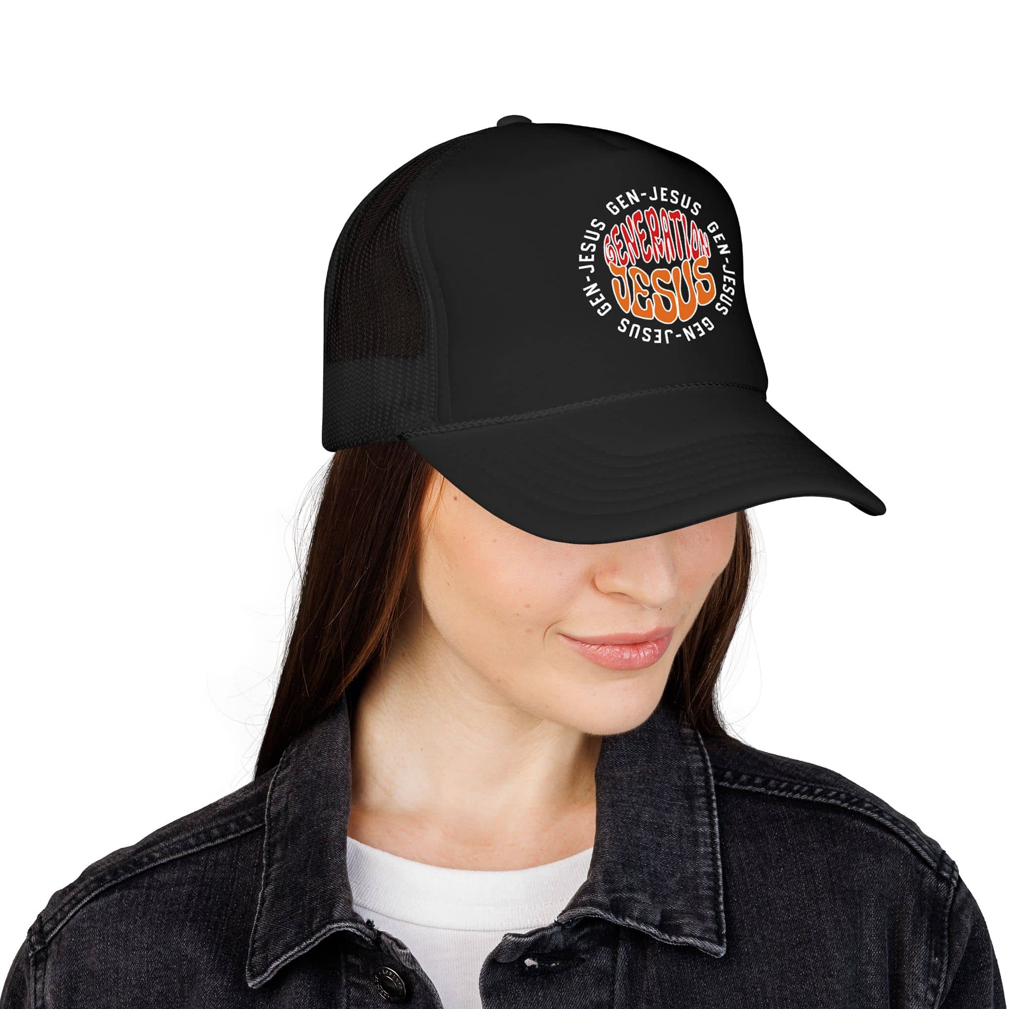 Generation Jesus Trucker Hat in Red Orange featuring a unique design, viewed from the front